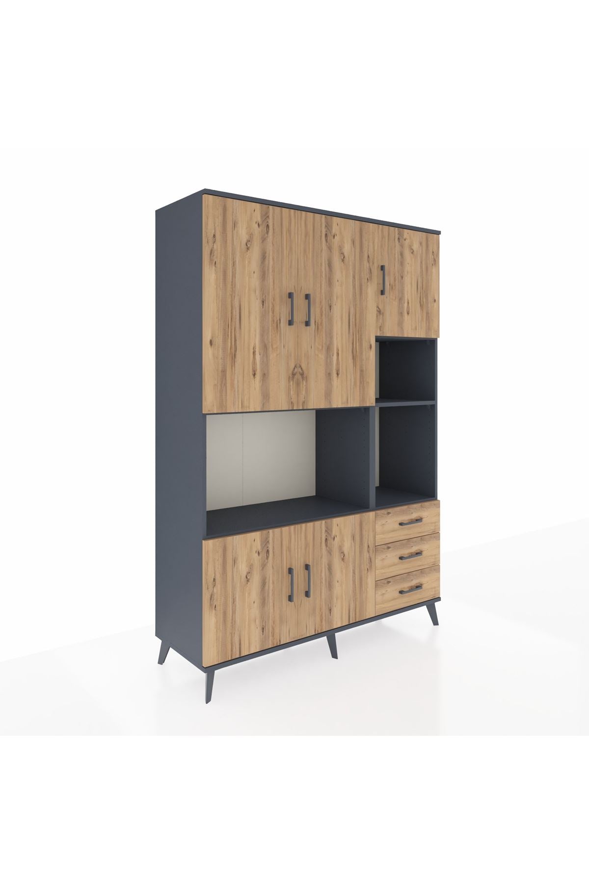 Hyperion Dolap 9 Raflı 3 Çekmeceli 5 Kapaklı 132x44x195 Antrasit-Çam/Çam