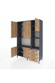 Hyperion Dolap 9 Raflı 3 Çekmeceli 5 Kapaklı 132x44x195 Antrasit-Çam/Çam