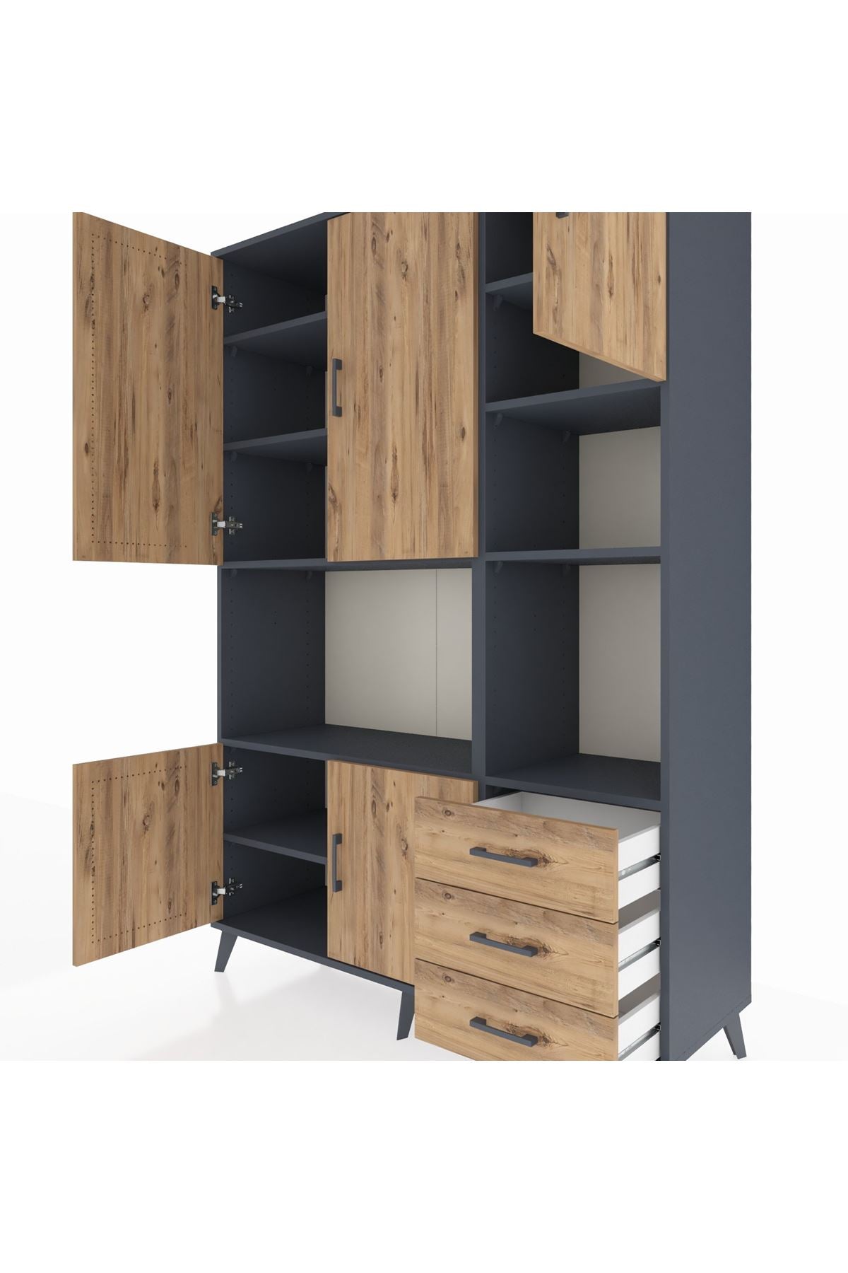 Hyperion Dolap 9 Raflı 3 Çekmeceli 5 Kapaklı 132x44x195 Antrasit-Çam/Çam