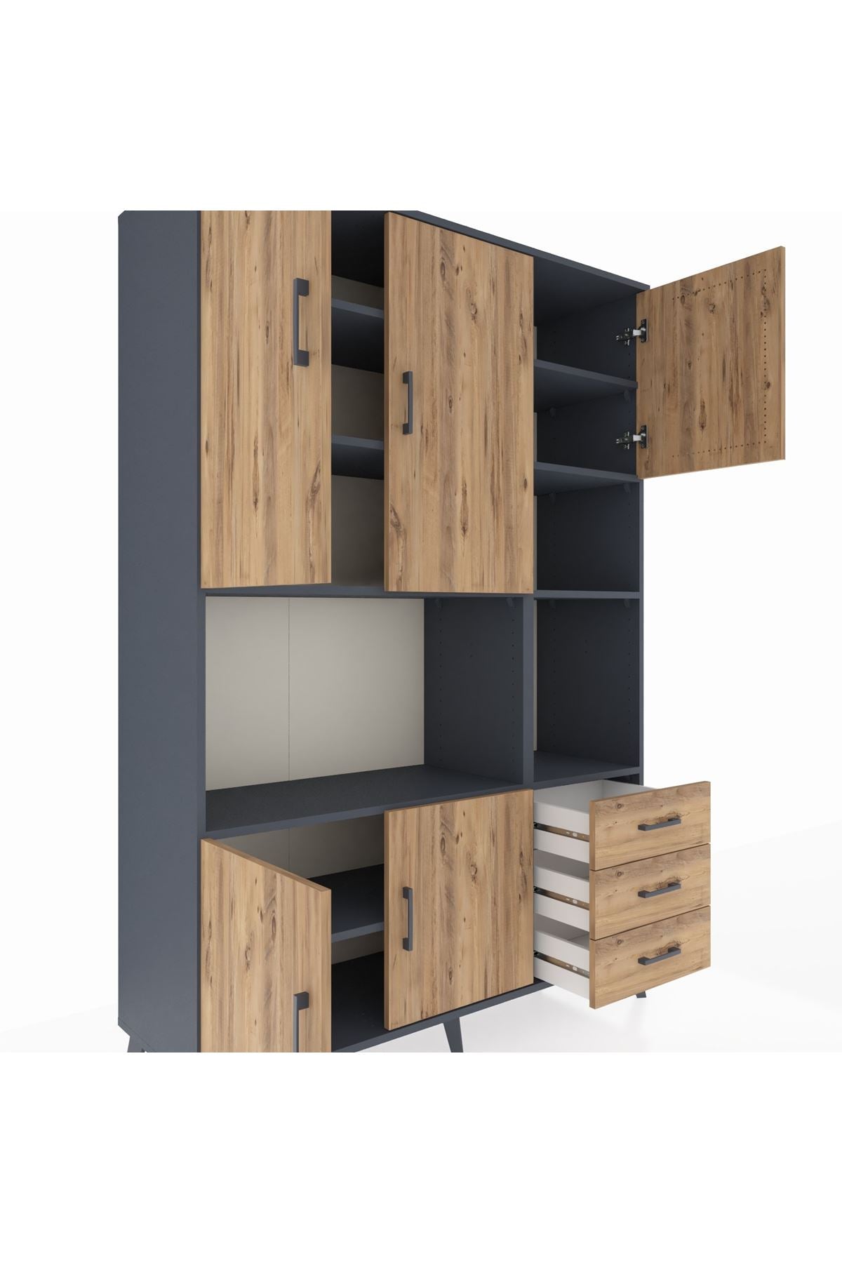 Hyperion Dolap 9 Raflı 3 Çekmeceli 5 Kapaklı 132x44x195 Antrasit-Çam/Çam