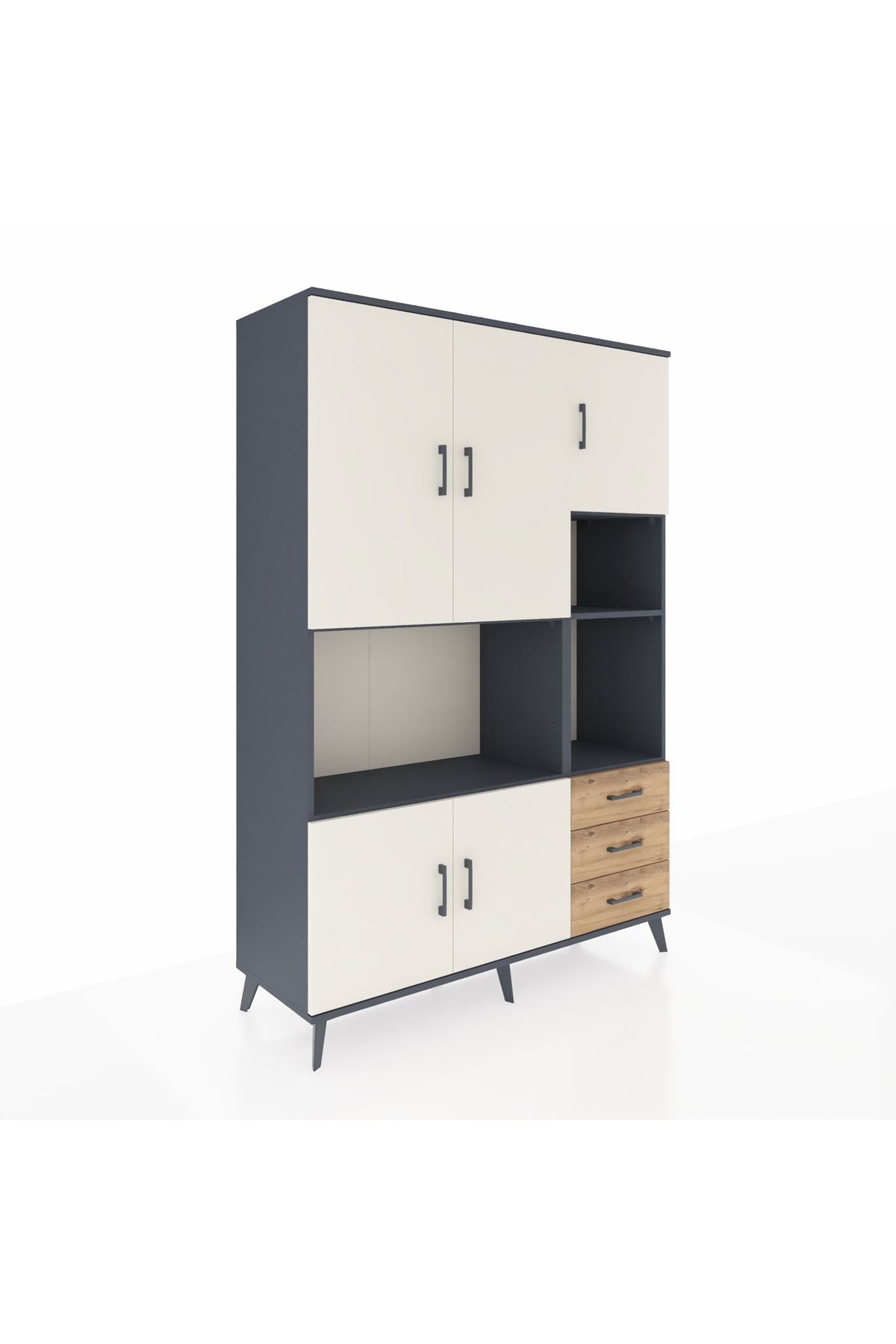 Hyperion Dolap 9 Raflı 3 Çekmeceli 5 Kapaklı 132x44x195 Antrasit-Aytaşı/Çam