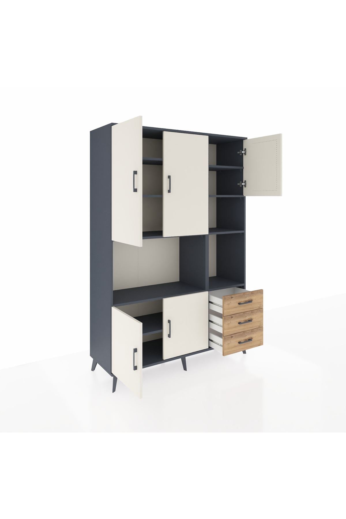 Hyperion Dolap 9 Raflı 3 Çekmeceli 5 Kapaklı 132x44x195 Antrasit-Aytaşı/Çam