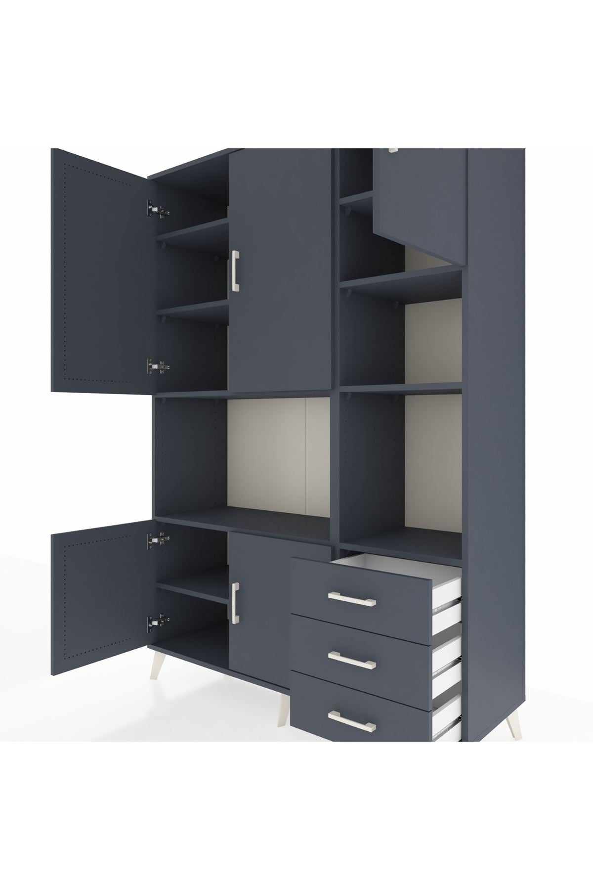 Hyperion Dolap 9 Raflı 3 Çekmeceli 5 Kapaklı 132x44x195 Antrasit-Antrasit/Antrasit