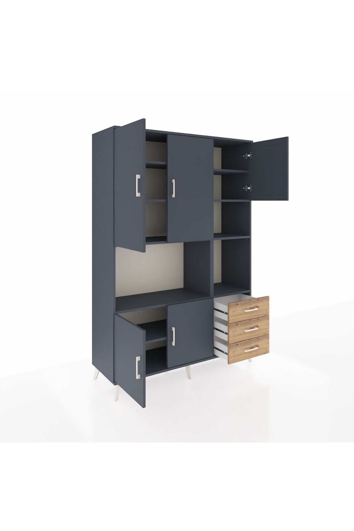 Hyperion Dolap 9 Raflı 3 Çekmeceli 5 Kapaklı 132x44x195 Antrasit-Antrasit/Çam