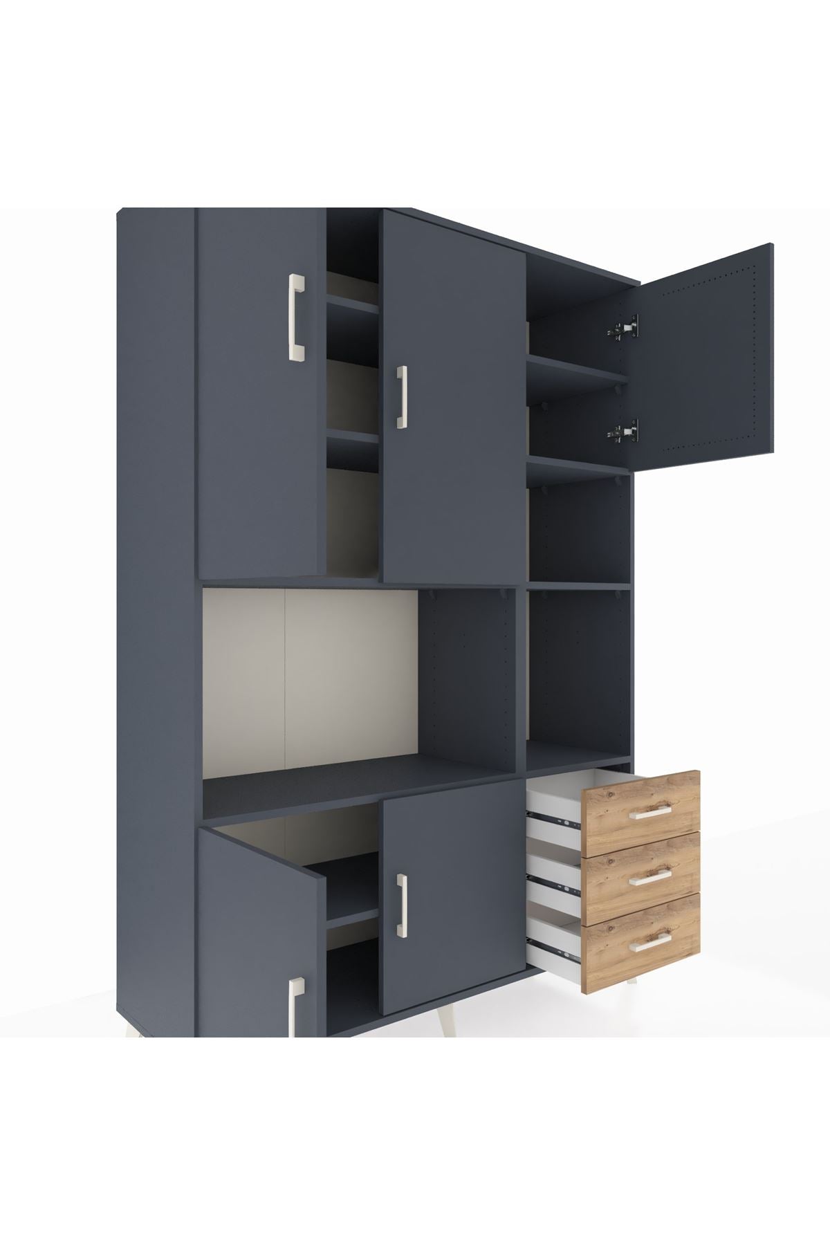 Hyperion Dolap 9 Raflı 3 Çekmeceli 5 Kapaklı 132x44x195 Antrasit-Antrasit/Çam