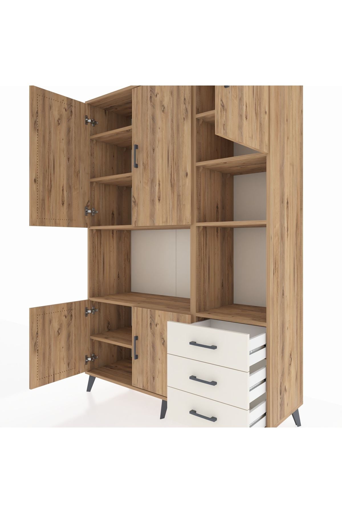 Hyperion Dolap 9 Raflı 3 Çekmeceli 5 Kapaklı 132x44x195 Çam-Çam/Aytaşı