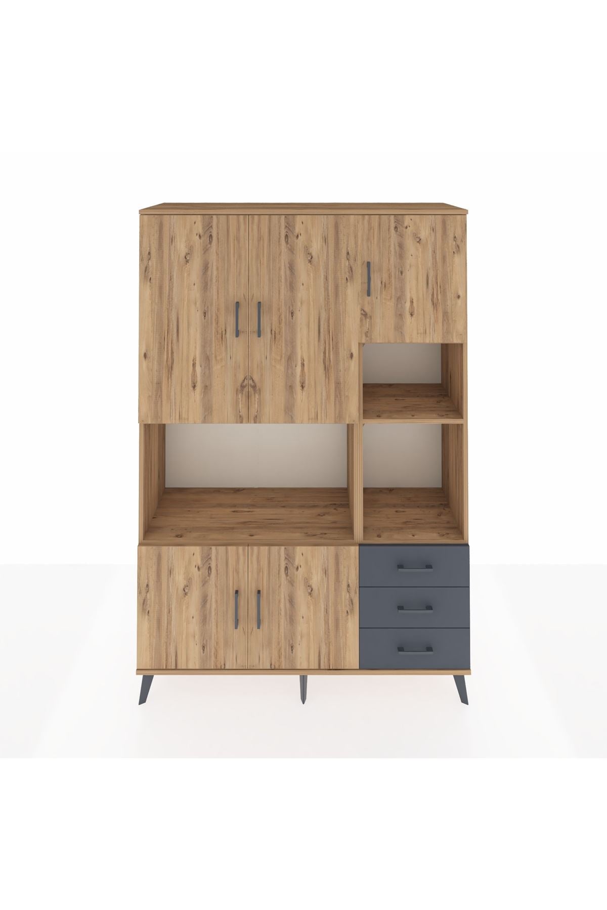Hyperion Dolap 9 Raflı 3 Çekmeceli 5 Kapaklı 132x44x195 Çam-Çam/Antrasit