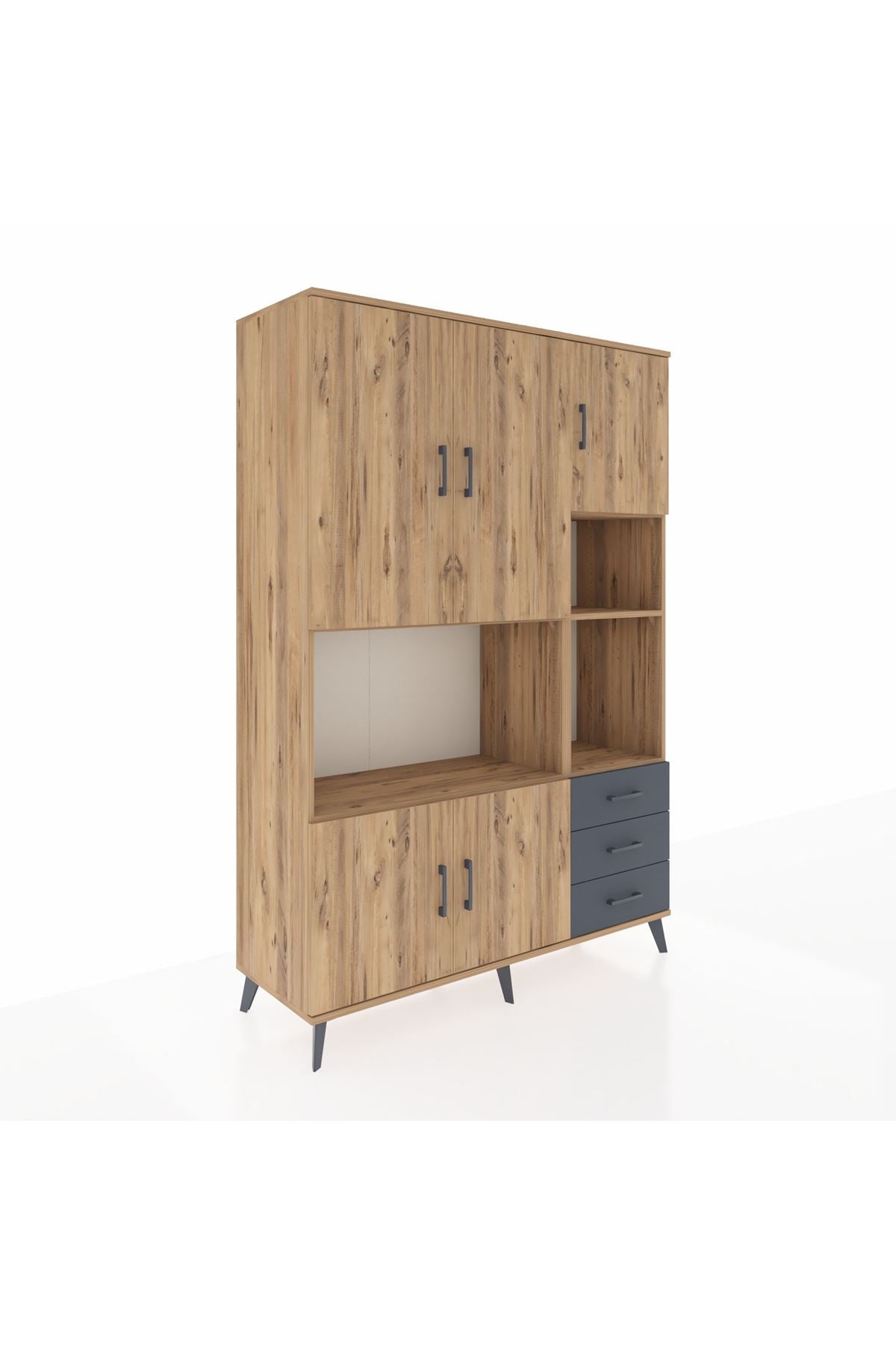 Hyperion Dolap 9 Raflı 3 Çekmeceli 5 Kapaklı 132x44x195 Çam-Çam/Antrasit