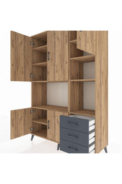 Hyperion Dolap 9 Raflı 3 Çekmeceli 5 Kapaklı 132x44x195 Çam-Çam/Antrasit