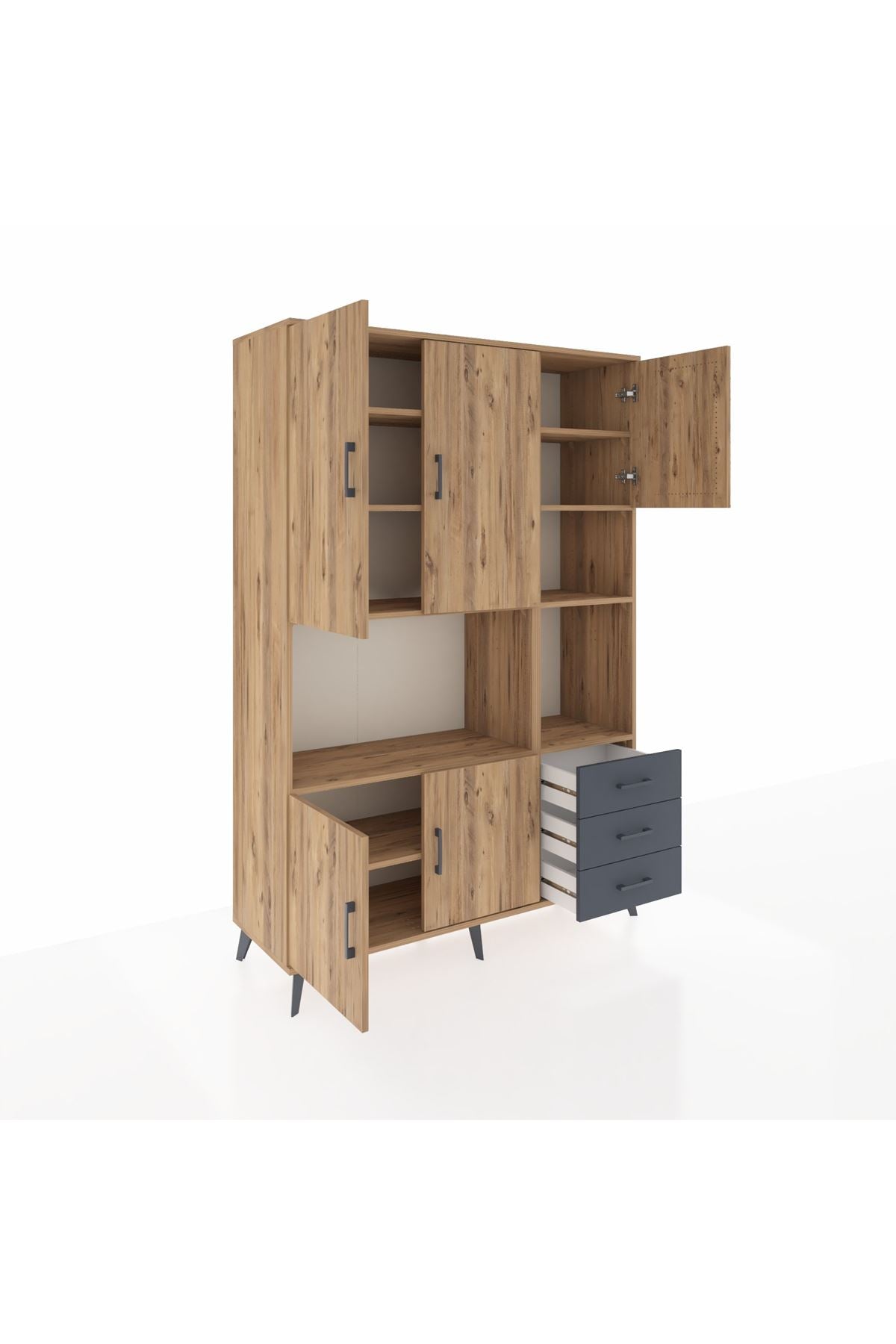 Hyperion Dolap 9 Raflı 3 Çekmeceli 5 Kapaklı 132x44x195 Çam-Çam/Antrasit