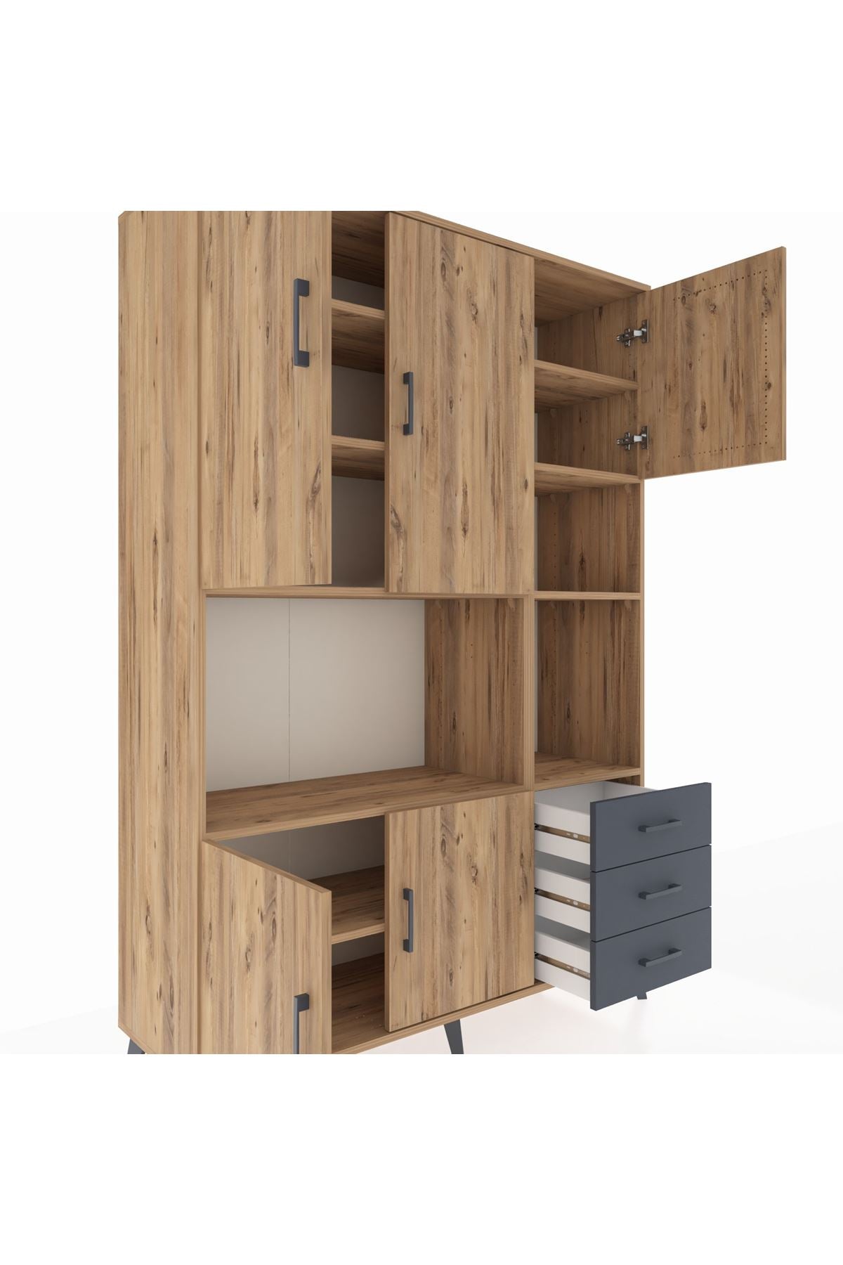 Hyperion Dolap 9 Raflı 3 Çekmeceli 5 Kapaklı 132x44x195 Çam-Çam/Antrasit