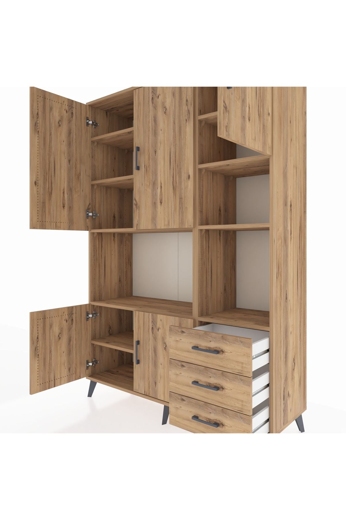 Hyperion Dolap 9 Raflı 3 Çekmeceli 5 Kapaklı 132x44x195 Çam-Çam/Çam