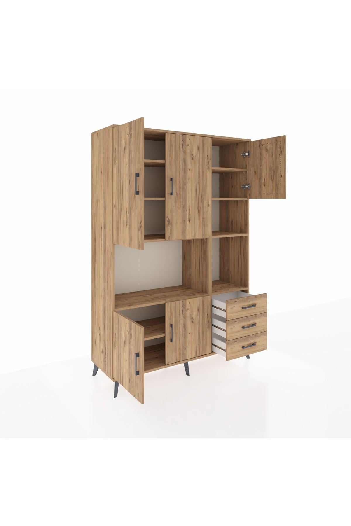 Hyperion Dolap 9 Raflı 3 Çekmeceli 5 Kapaklı 132x44x195 Çam-Çam/Çam