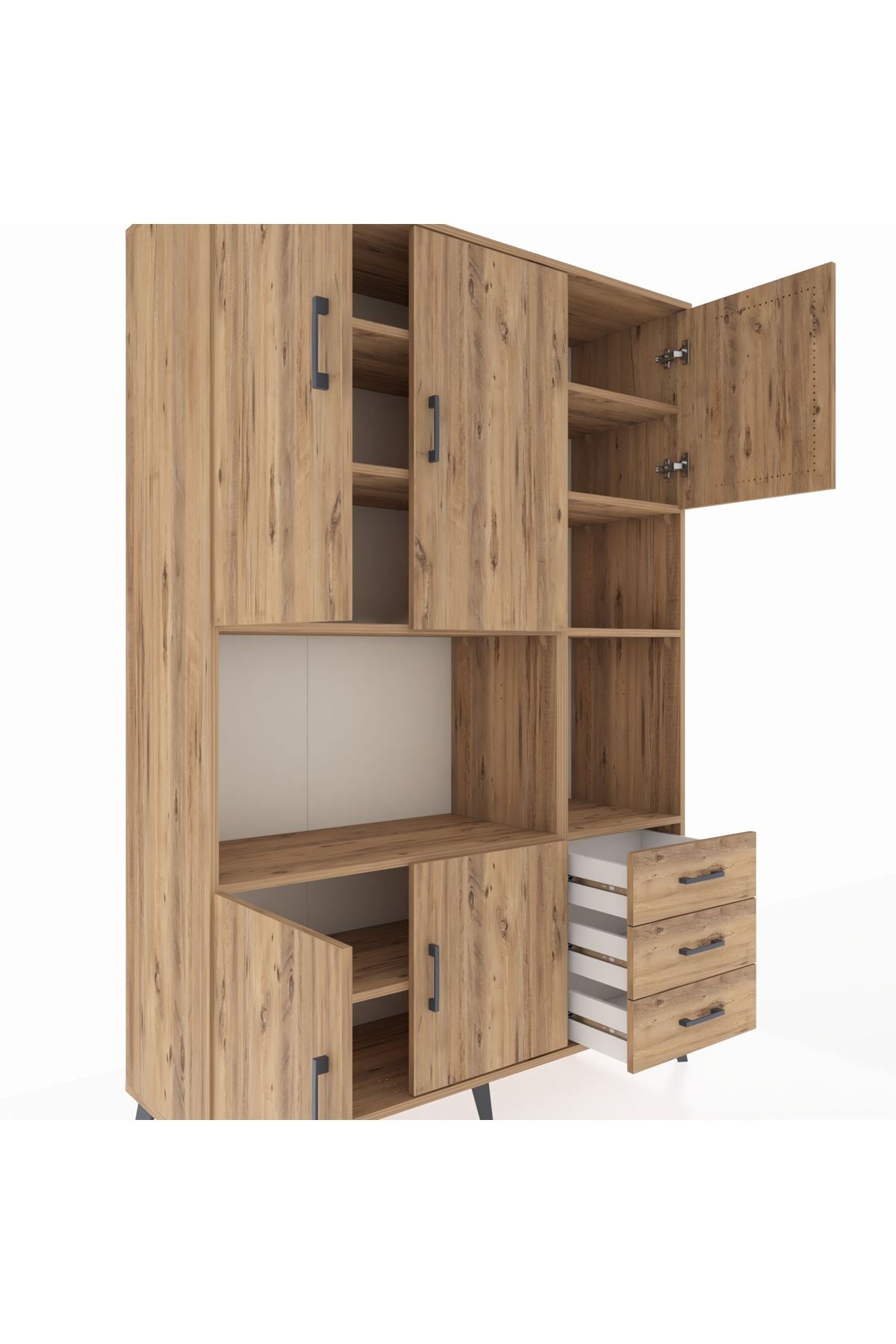 Hyperion Dolap 9 Raflı 3 Çekmeceli 5 Kapaklı 132x44x195 Çam-Çam/Çam