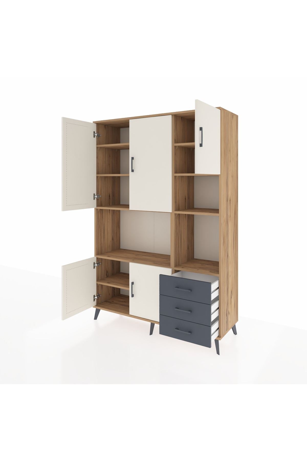 Hyperion Dolap 9 Raflı 3 Çekmeceli 5 Kapaklı 132x44x195 Çam-Aytaşı/Antrasit