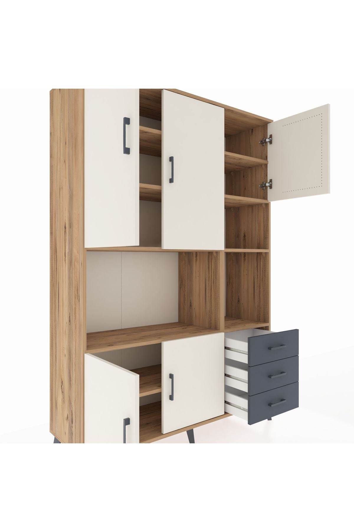 Hyperion Dolap 9 Raflı 3 Çekmeceli 5 Kapaklı 132x44x195 Çam-Aytaşı/Antrasit