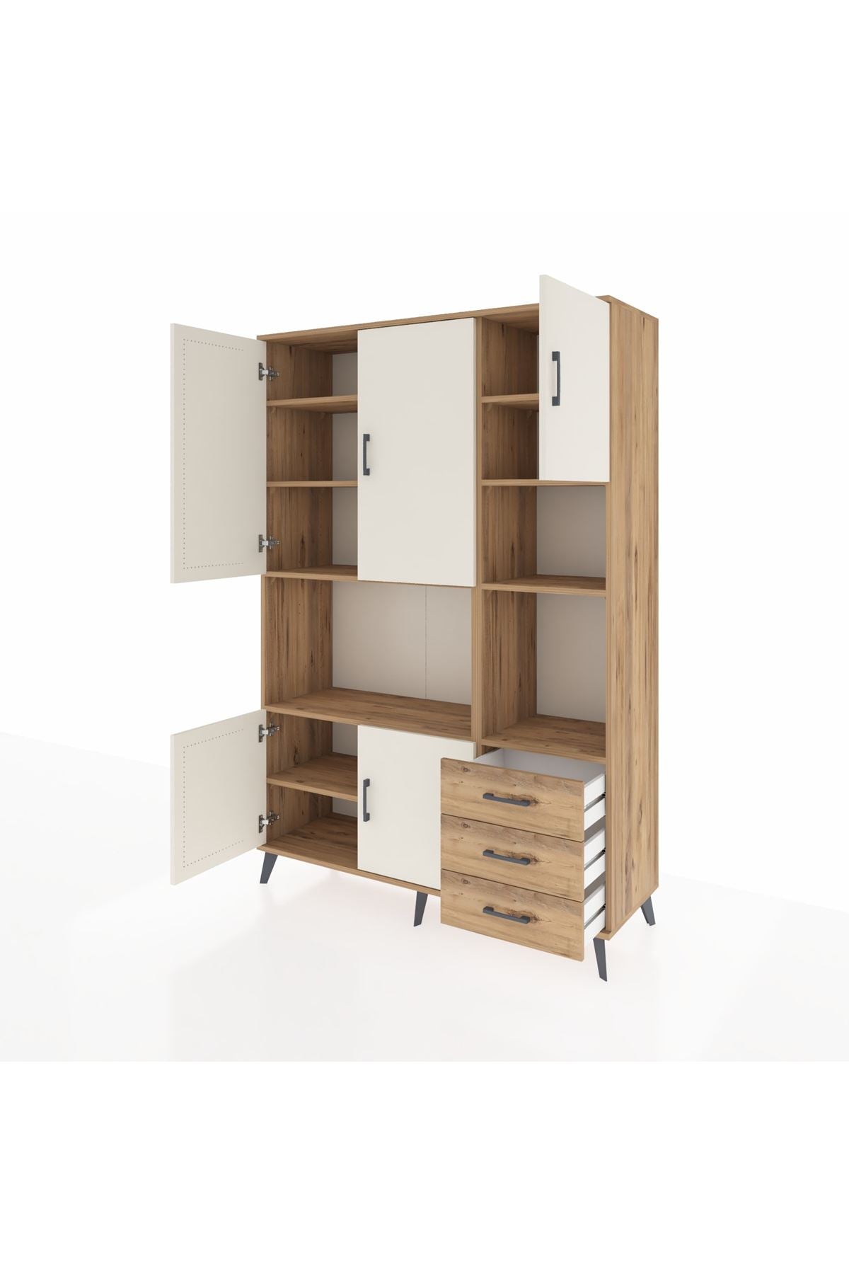 Hyperion Dolap 9 Raflı 3 Çekmeceli 5 Kapaklı 132x44x195 Çam-Aytaşı/Çam