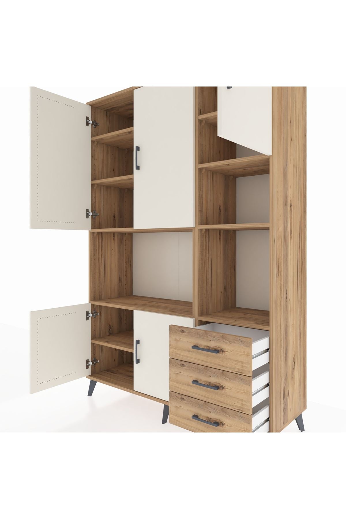 Hyperion Dolap 9 Raflı 3 Çekmeceli 5 Kapaklı 132x44x195 Çam-Aytaşı/Çam