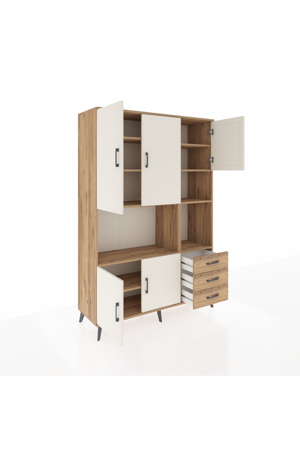 Hyperion Dolap 9 Raflı 3 Çekmeceli 5 Kapaklı 132x44x195 Çam-Aytaşı/Çam