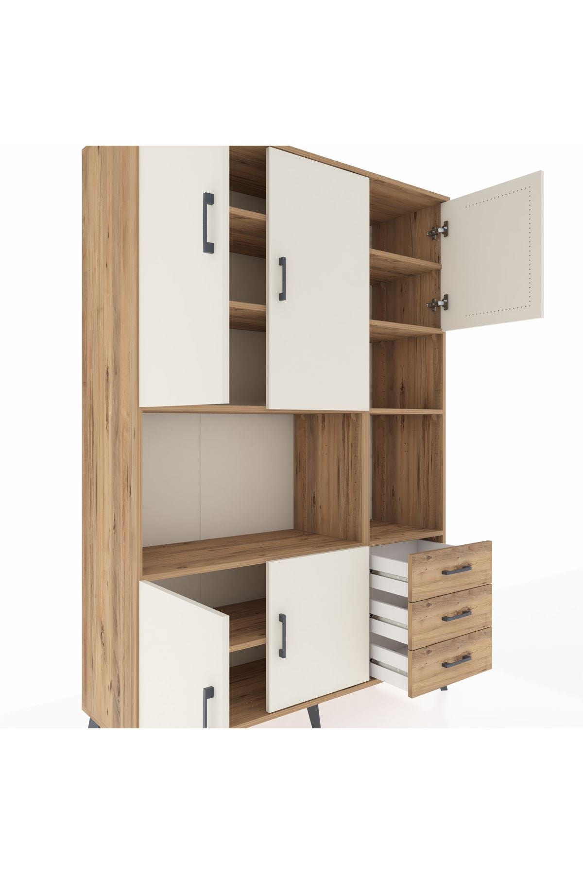 Hyperion Dolap 9 Raflı 3 Çekmeceli 5 Kapaklı 132x44x195 Çam-Aytaşı/Çam