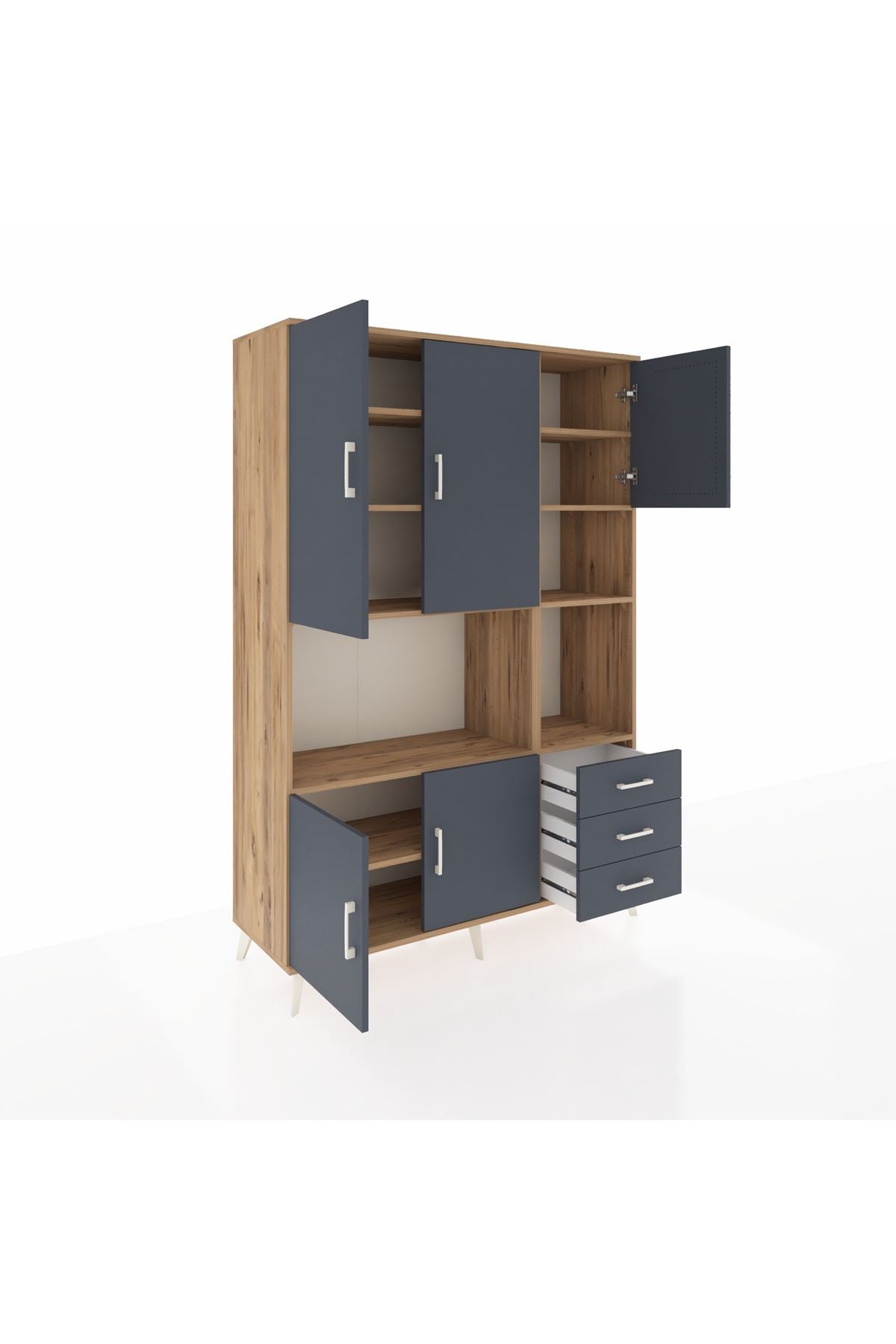 Hyperion Dolap 9 Raflı 3 Çekmeceli 5 Kapaklı 132x44x195 Çam-Antrasit/Antrasit