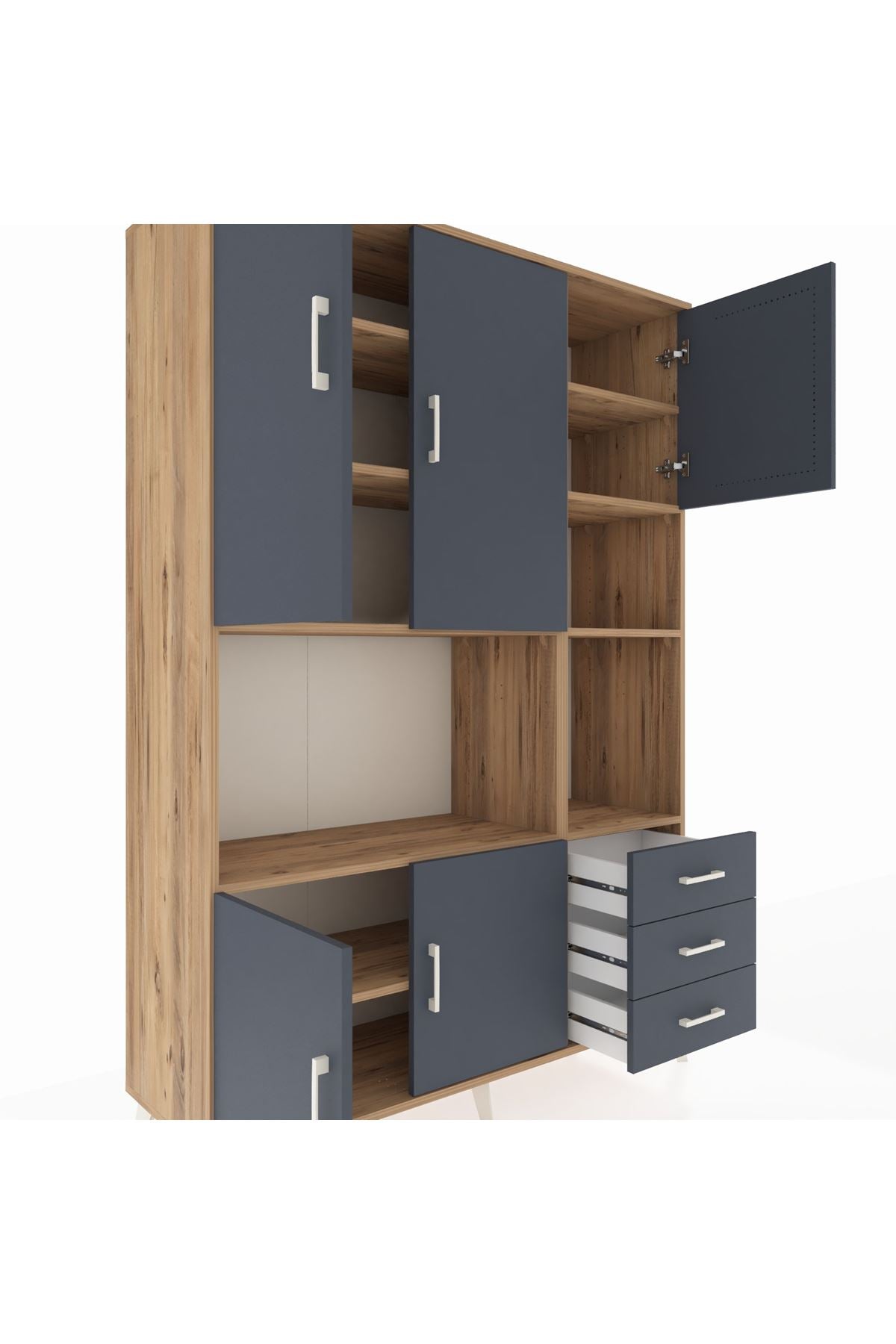 Hyperion Dolap 9 Raflı 3 Çekmeceli 5 Kapaklı 132x44x195 Çam-Antrasit/Antrasit