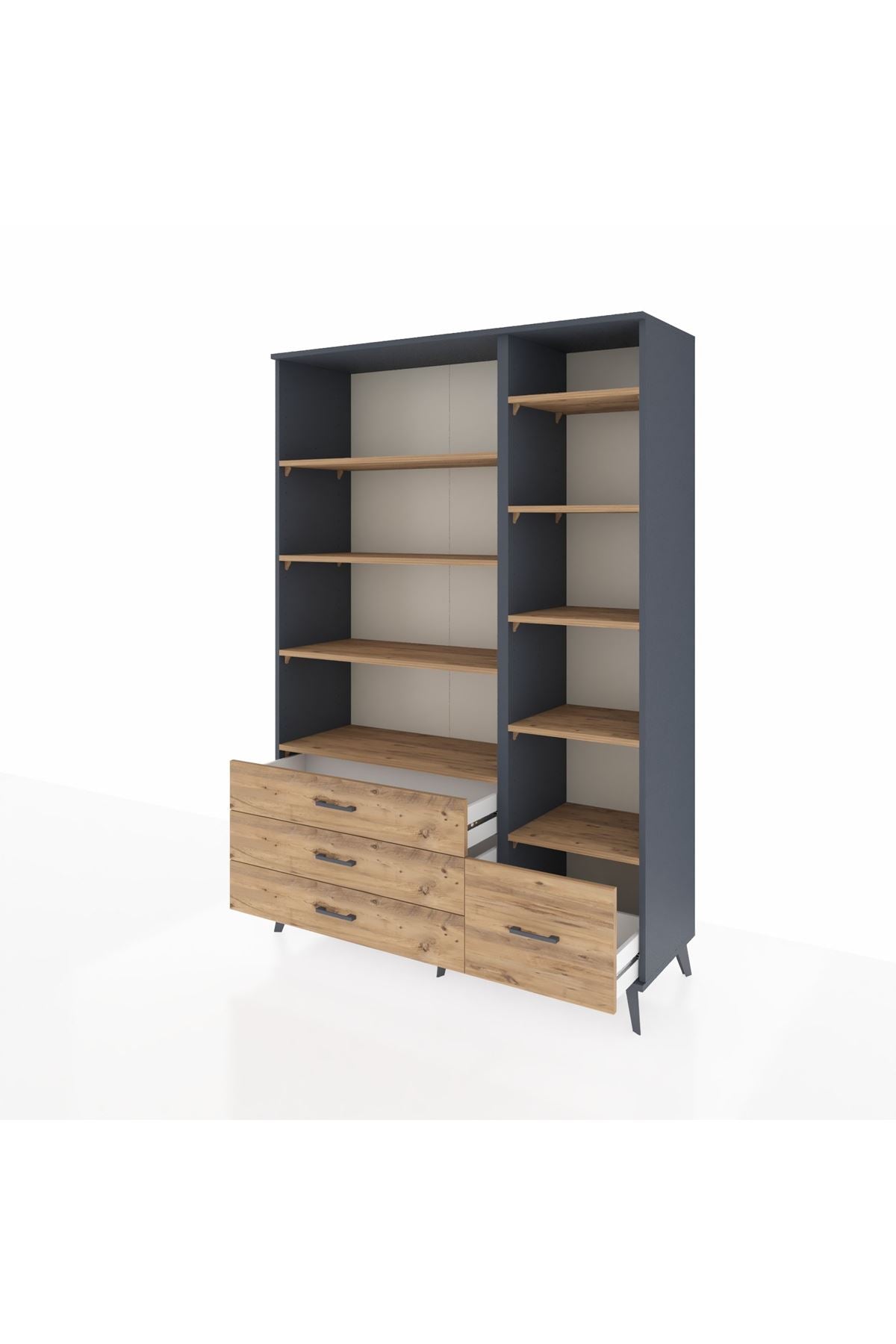 Hyperion Dolap 9 Raflı 4 Çekmeceli  132x44x195 Antrasit-Çam/Çam