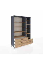 Hyperion Dolap 9 Raflı 4 Çekmeceli  132x44x195 Antrasit-Çam/Çam