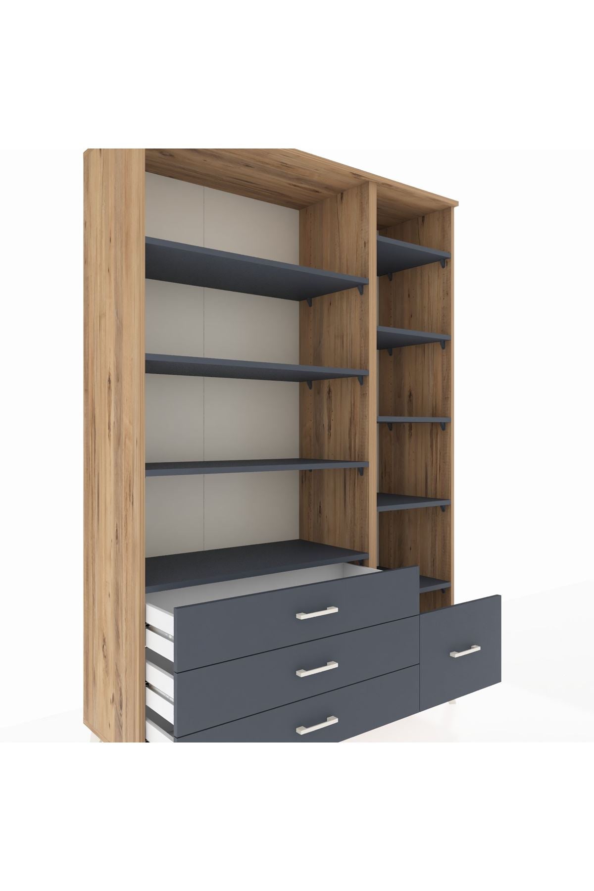 Hyperion Dolap 9 Raflı 4 Çekmeceli  132x44x195 Çam-Antrasit/Antrasit