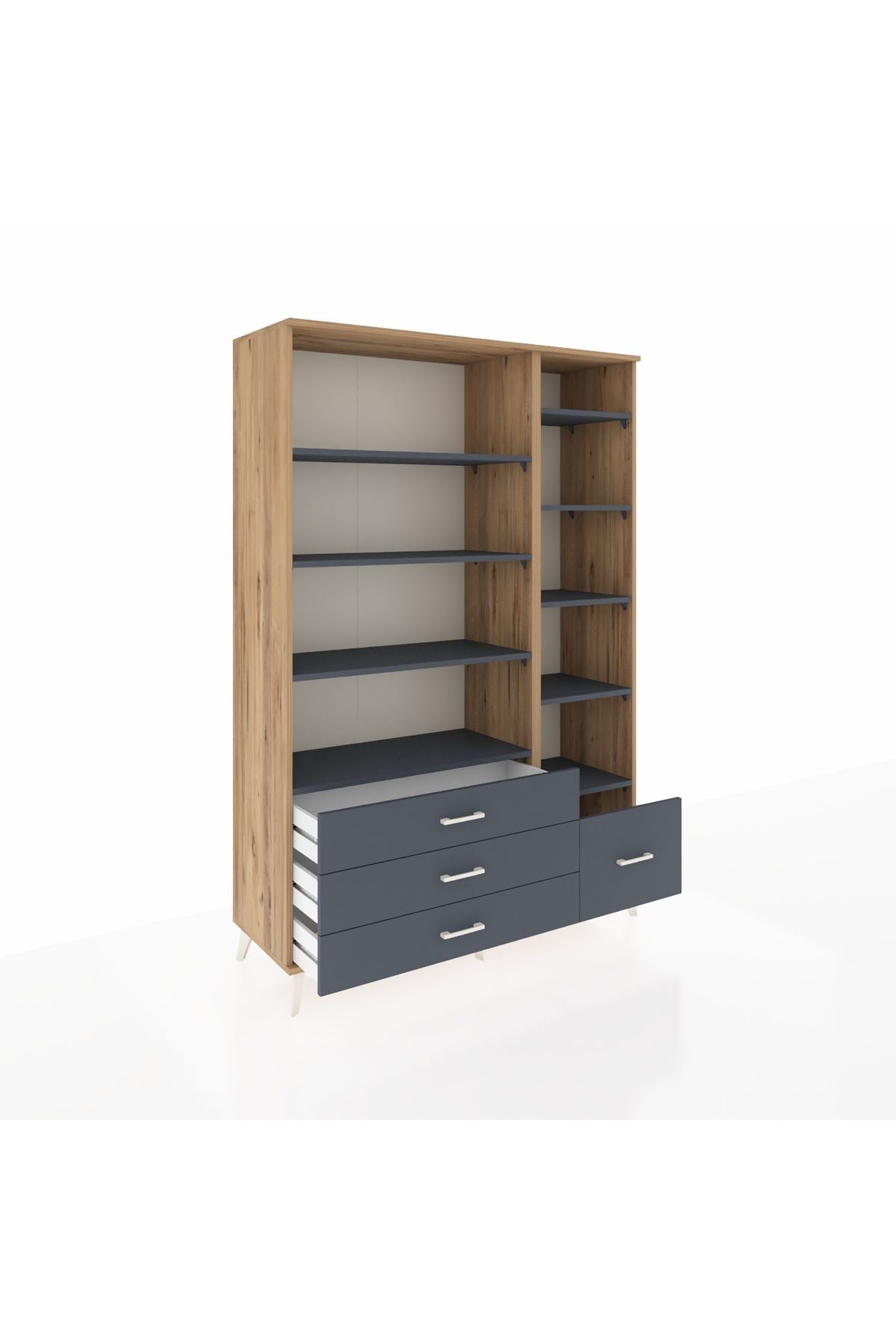 Hyperion Dolap 9 Raflı 4 Çekmeceli  132x44x195 Çam-Antrasit/Antrasit