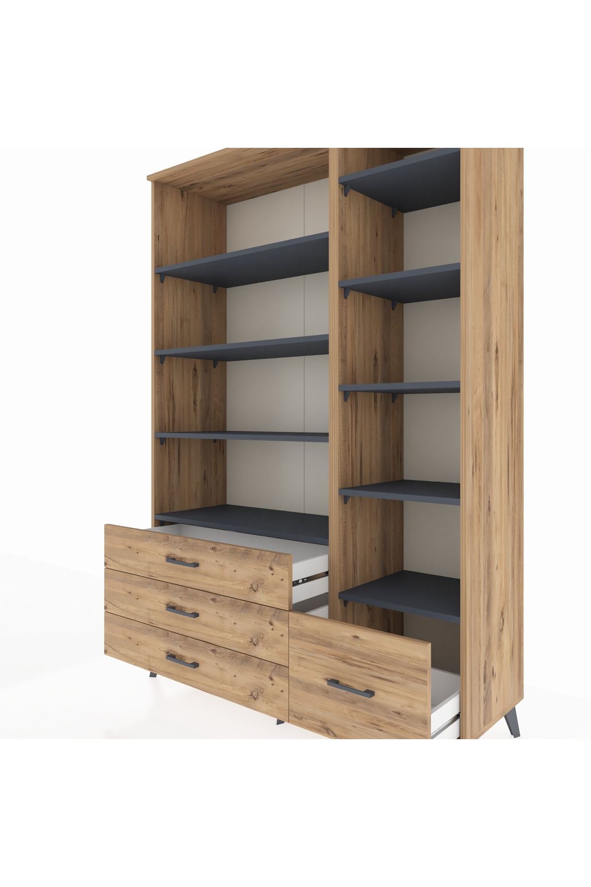 Hyperion Dolap 9 Raflı 4 Çekmeceli  132x44x195 Çam-Antrasit/Çam