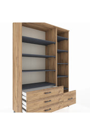 Hyperion Dolap 9 Raflı 4 Çekmeceli  132x44x195 Çam-Antrasit/Çam