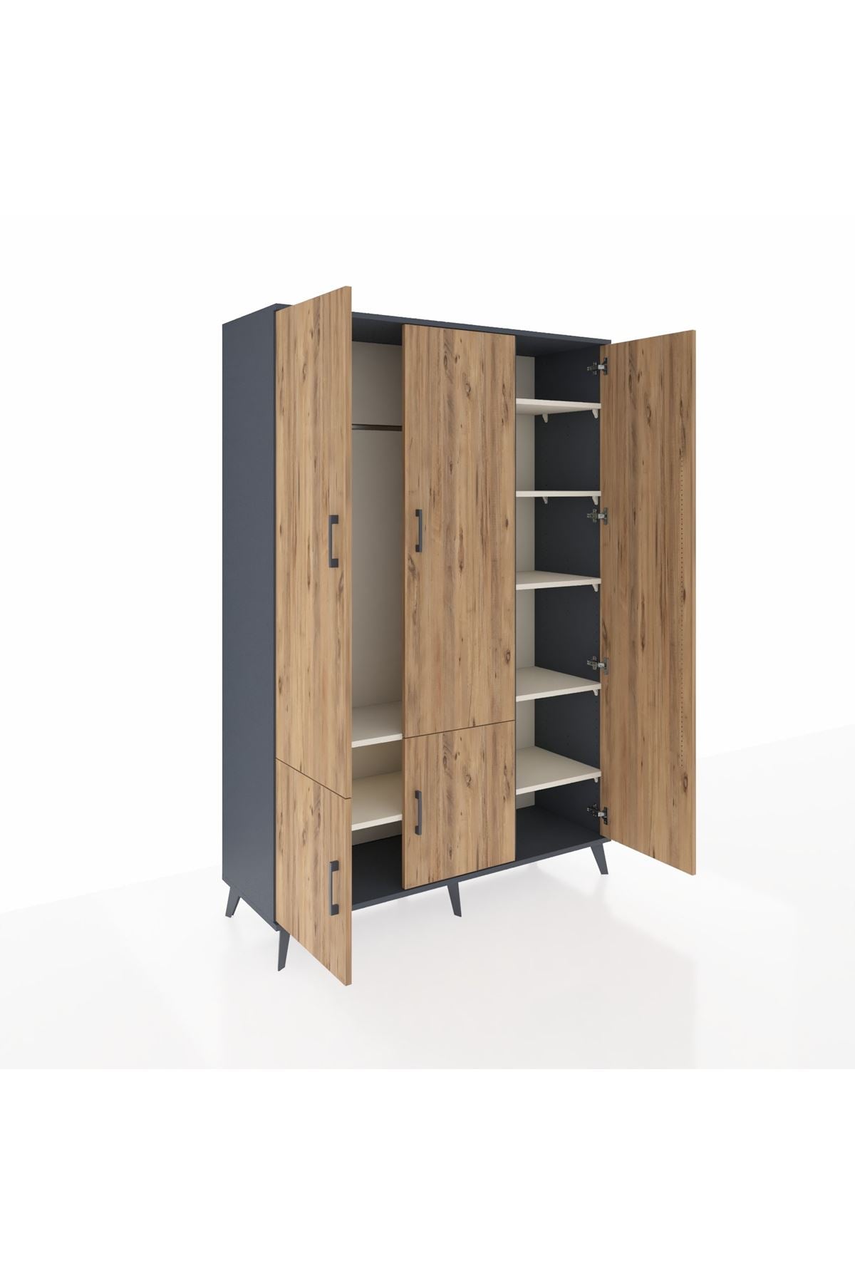 Hyperion Dolap 7 Raflı 5 Kapaklı Tek Askılı 132x44x195 Antrasit-Çam/Aytaşı