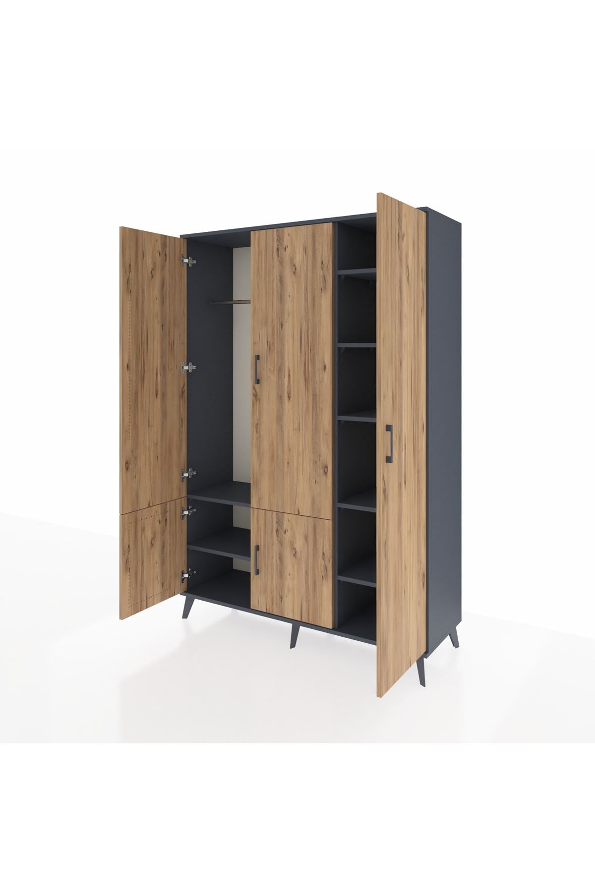 Hyperion Dolap 7 Raflı 5 Kapaklı Tek Askılı 132x44x195 Antrasit-Çam/Antrasit