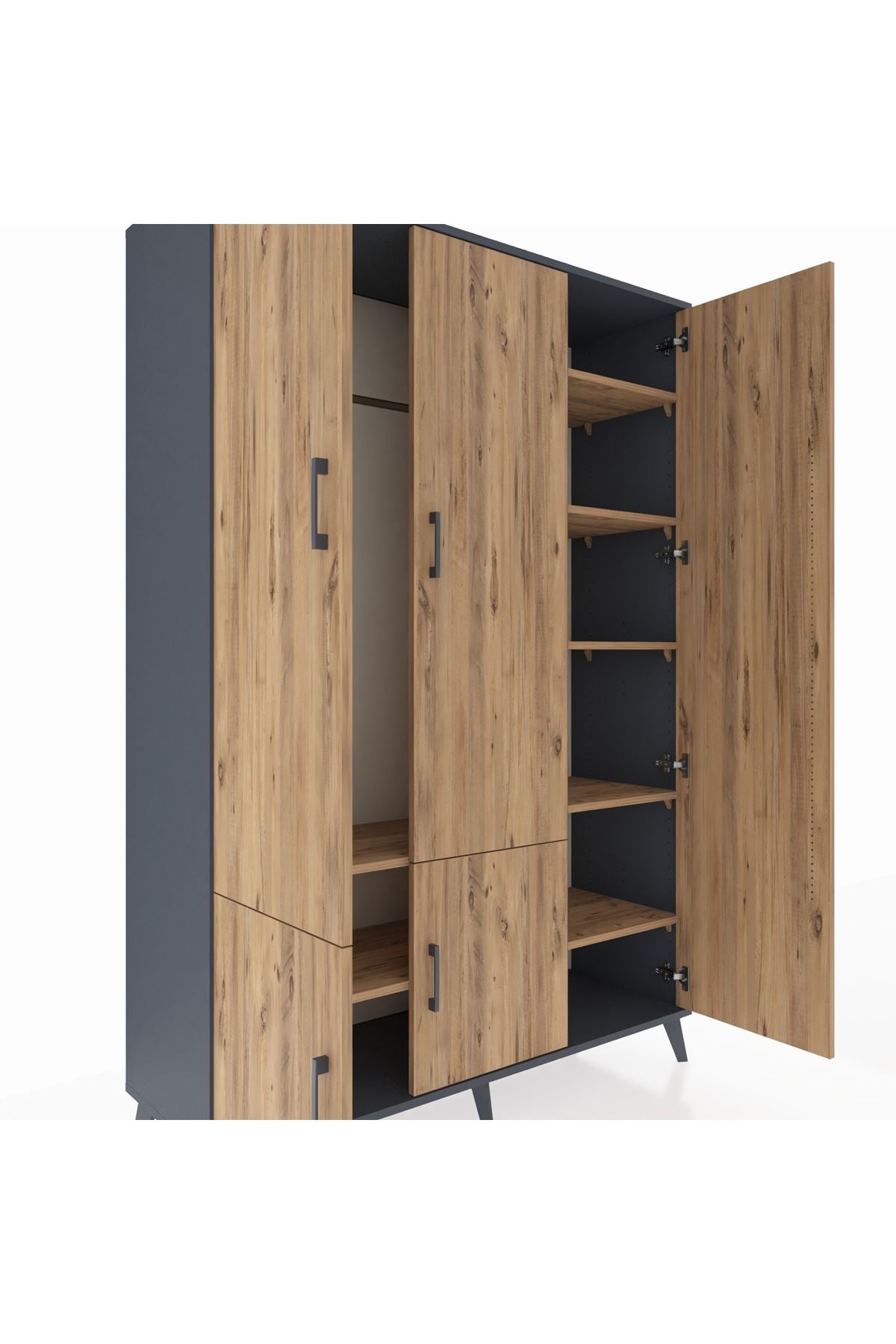 Hyperion Dolap 7 Raflı 5 Kapaklı Tek Askılı 132x44x195 Antrasit-Çam/Çam