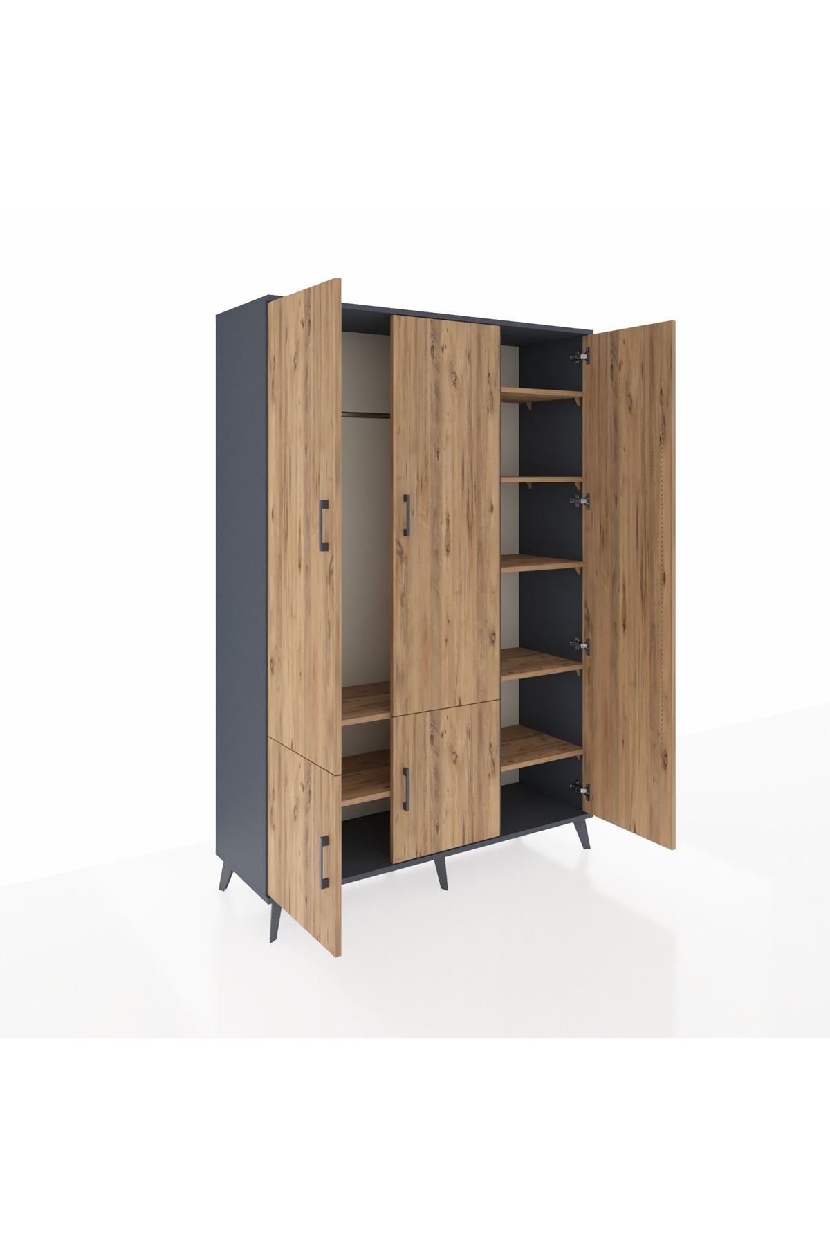 Hyperion Dolap 7 Raflı 5 Kapaklı Tek Askılı 132x44x195 Antrasit-Çam/Çam