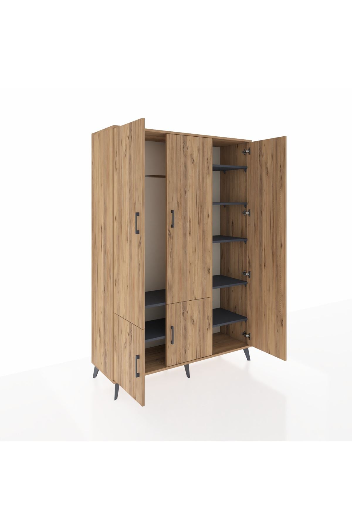 Hyperion Dolap 7 Raflı 5 Kapaklı Tek Askılı 132x44x195 Çam-Çam/Antrasit