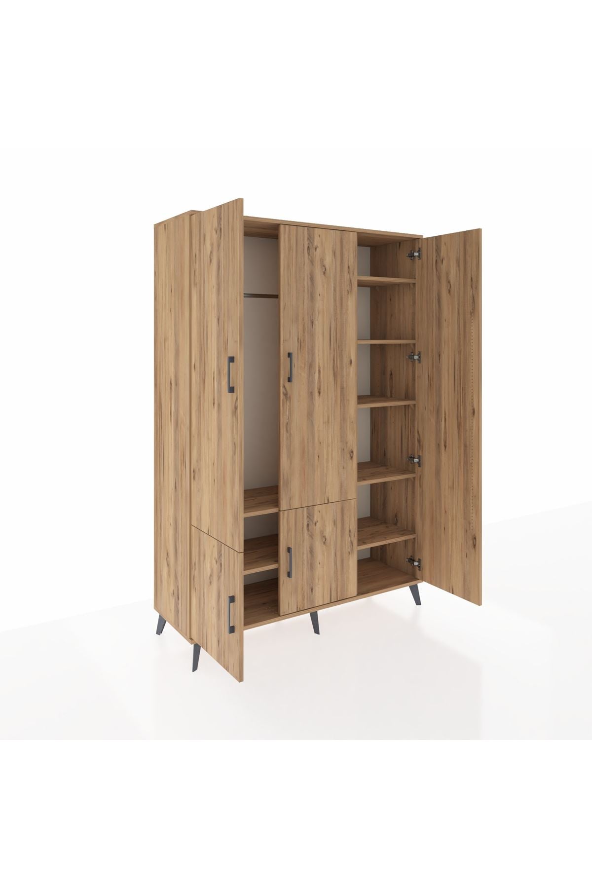 Hyperion Dolap 7 Raflı 5 Kapaklı Tek Askılı 132x44x195 Çam-Çam/Çam