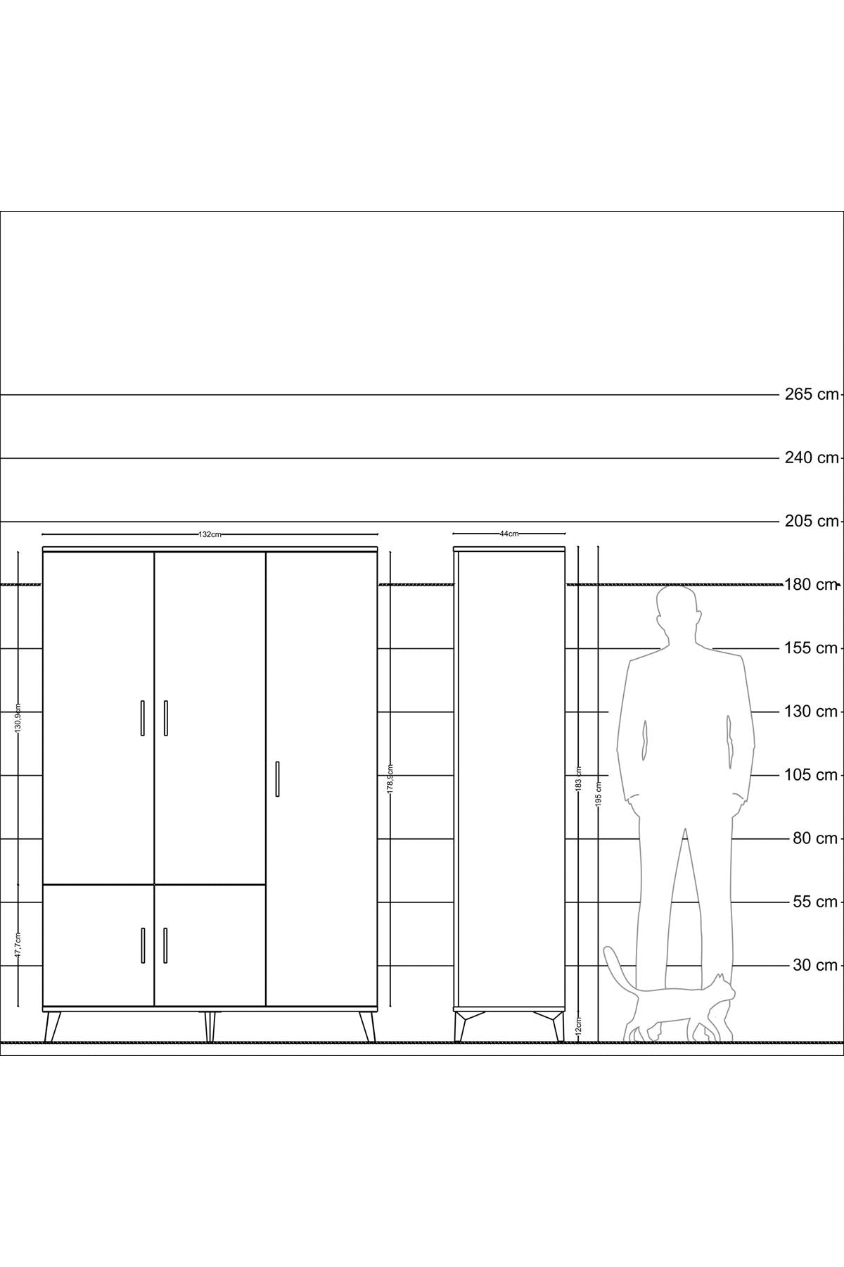Hyperion Dolap 7 Raflı 5 Kapaklı Tek Askılı 132x44x195 Çam-Çam/Çam