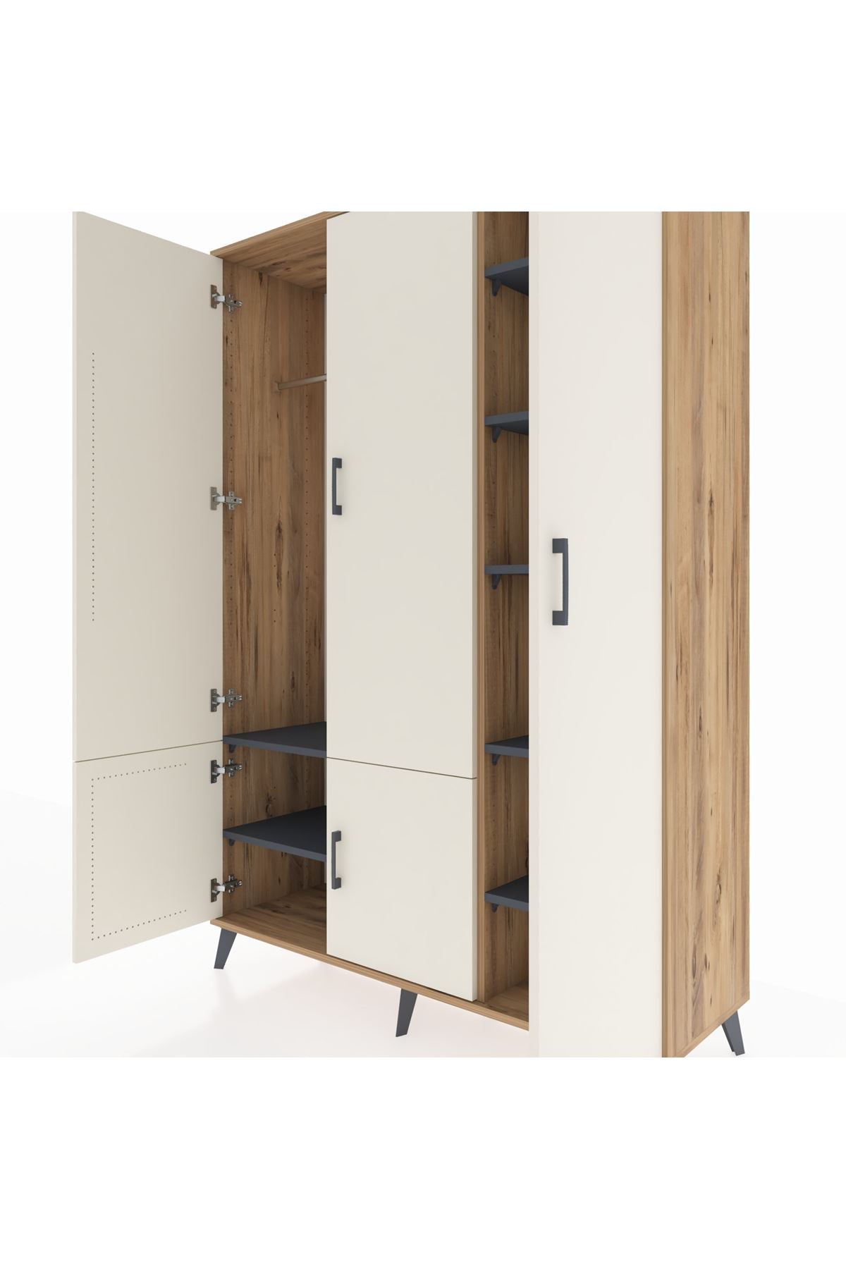 Hyperion Dolap 7 Raflı 5 Kapaklı Tek Askılı 132x44x195 Çam-Aytaşı/Antrasit