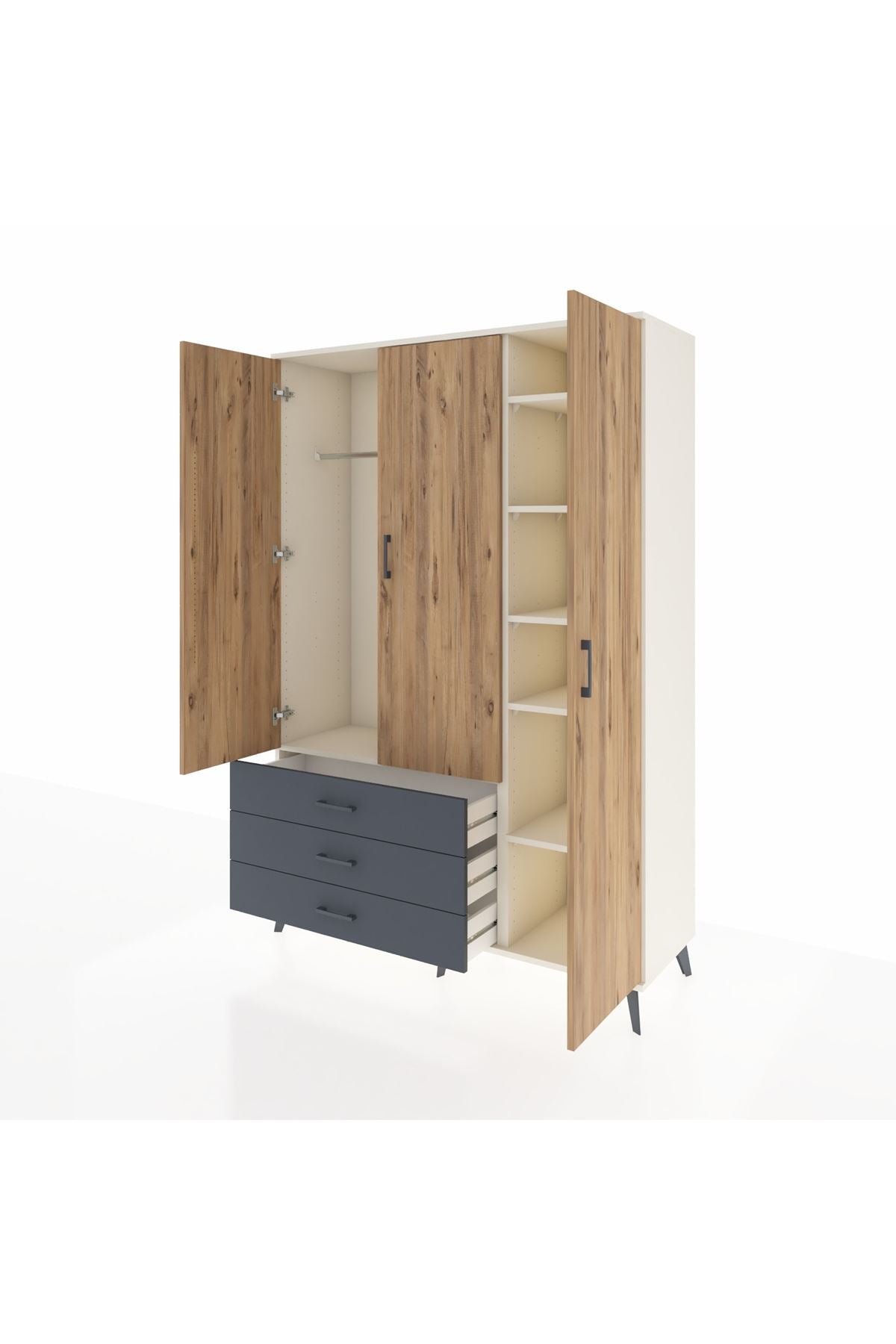 Hyperion Dolap 6 Raflı 3 Çekmeceli Tek Askılı 132x44x195 Aytaşı-Çam/Antrasit