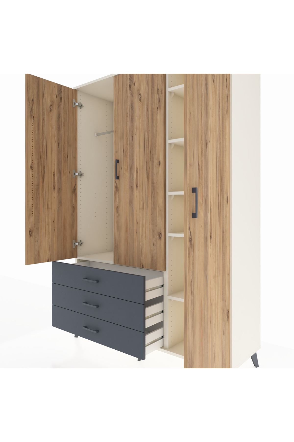 Hyperion Dolap 6 Raflı 3 Çekmeceli Tek Askılı 132x44x195 Aytaşı-Çam/Antrasit