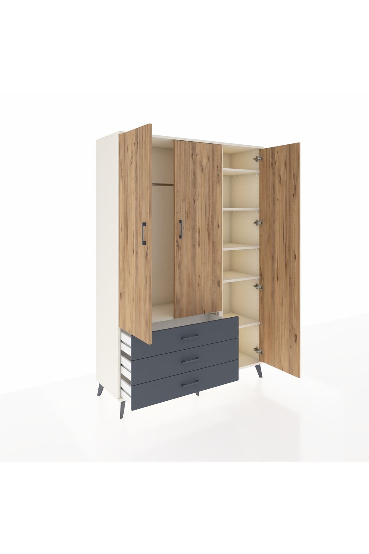 Hyperion Dolap 6 Raflı 3 Çekmeceli Tek Askılı 132x44x195 Aytaşı-Çam/Antrasit