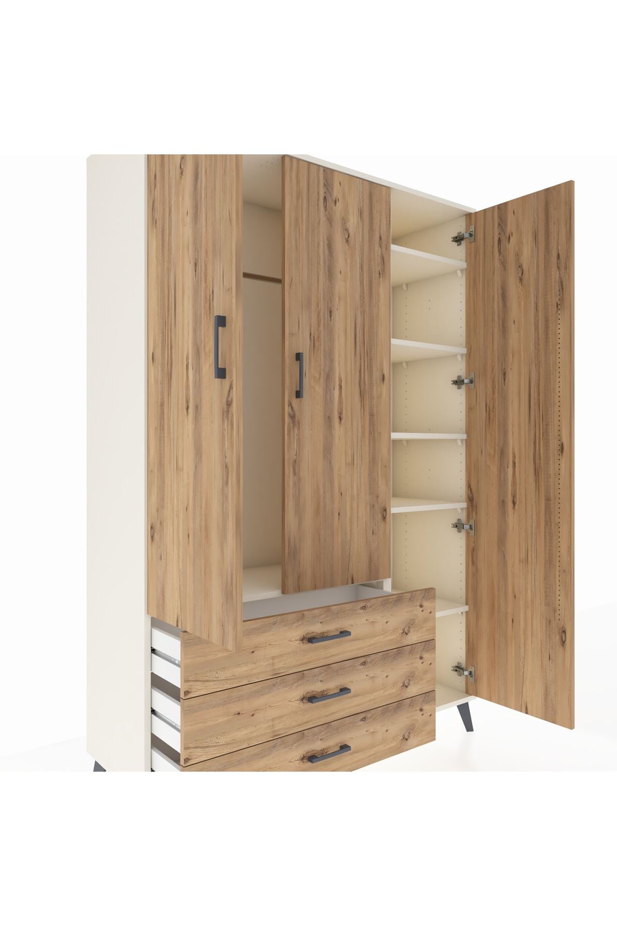 Hyperion Dolap 6 Raflı 3 Çekmeceli Tek Askılı 132x44x195 Aytaşı-Çam/Çam