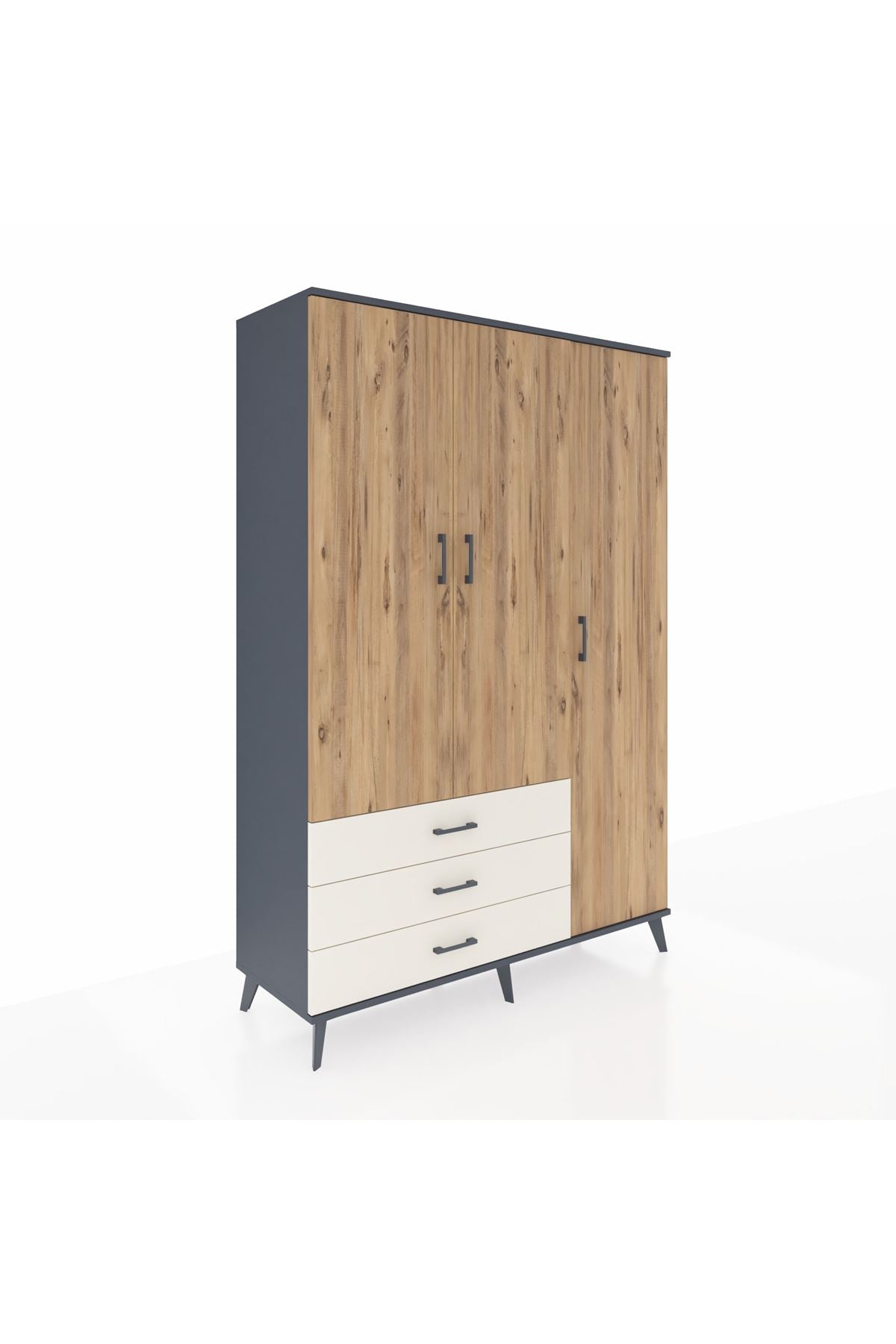 Hyperion Dolap 6 Raflı 3 Çekmeceli Tek Askılı 132x44x195 Antrasit-Çam/Aytaşı