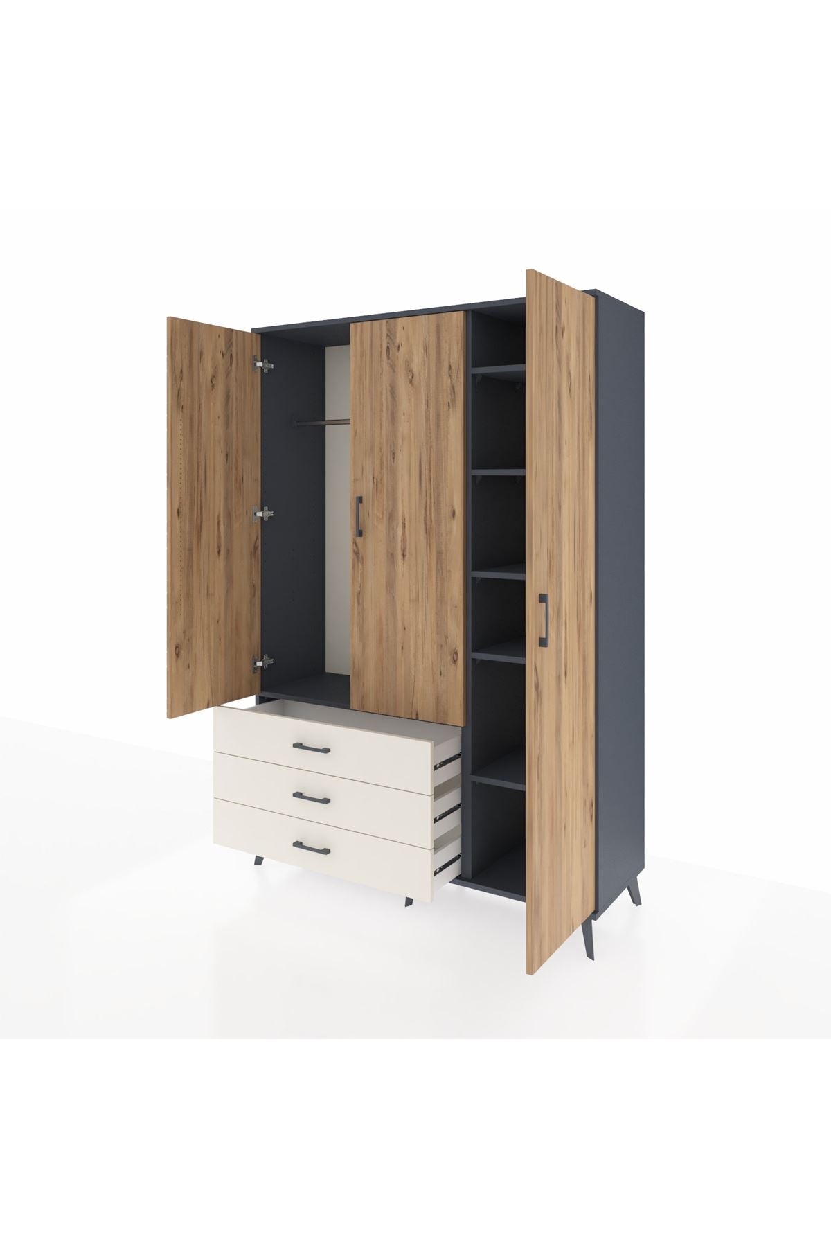 Hyperion Dolap 6 Raflı 3 Çekmeceli Tek Askılı 132x44x195 Antrasit-Çam/Aytaşı