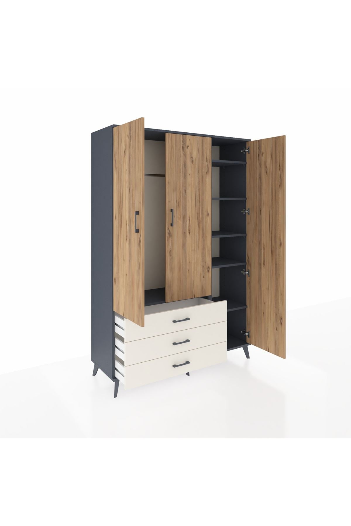 Hyperion Dolap 6 Raflı 3 Çekmeceli Tek Askılı 132x44x195 Antrasit-Çam/Aytaşı