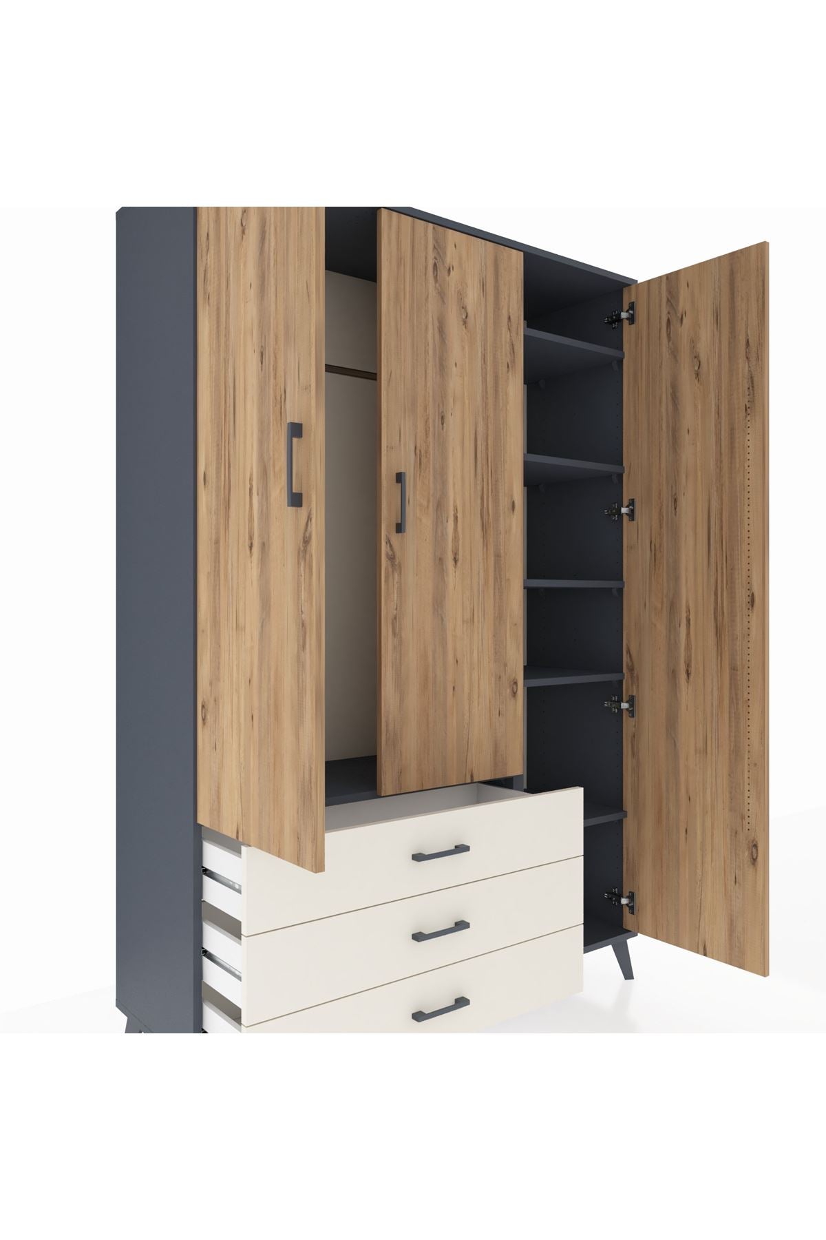 Hyperion Dolap 6 Raflı 3 Çekmeceli Tek Askılı 132x44x195 Antrasit-Çam/Aytaşı