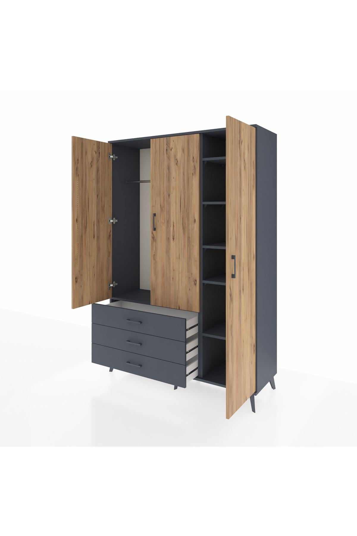 Hyperion Dolap 6 Raflı 3 Çekmeceli Tek Askılı 132x44x195 Antrasit-Çam/Antrasit