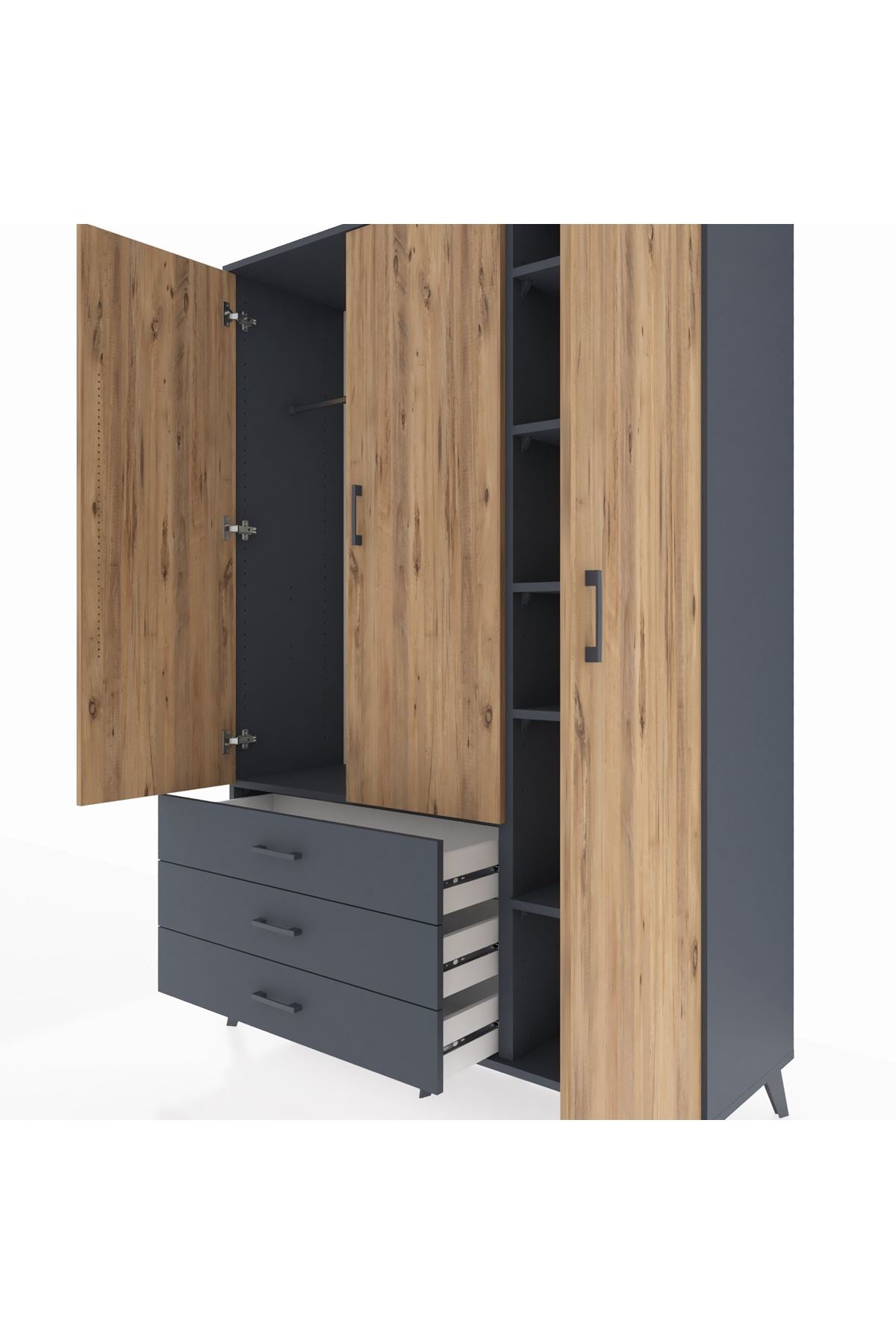 Hyperion Dolap 6 Raflı 3 Çekmeceli Tek Askılı 132x44x195 Antrasit-Çam/Antrasit